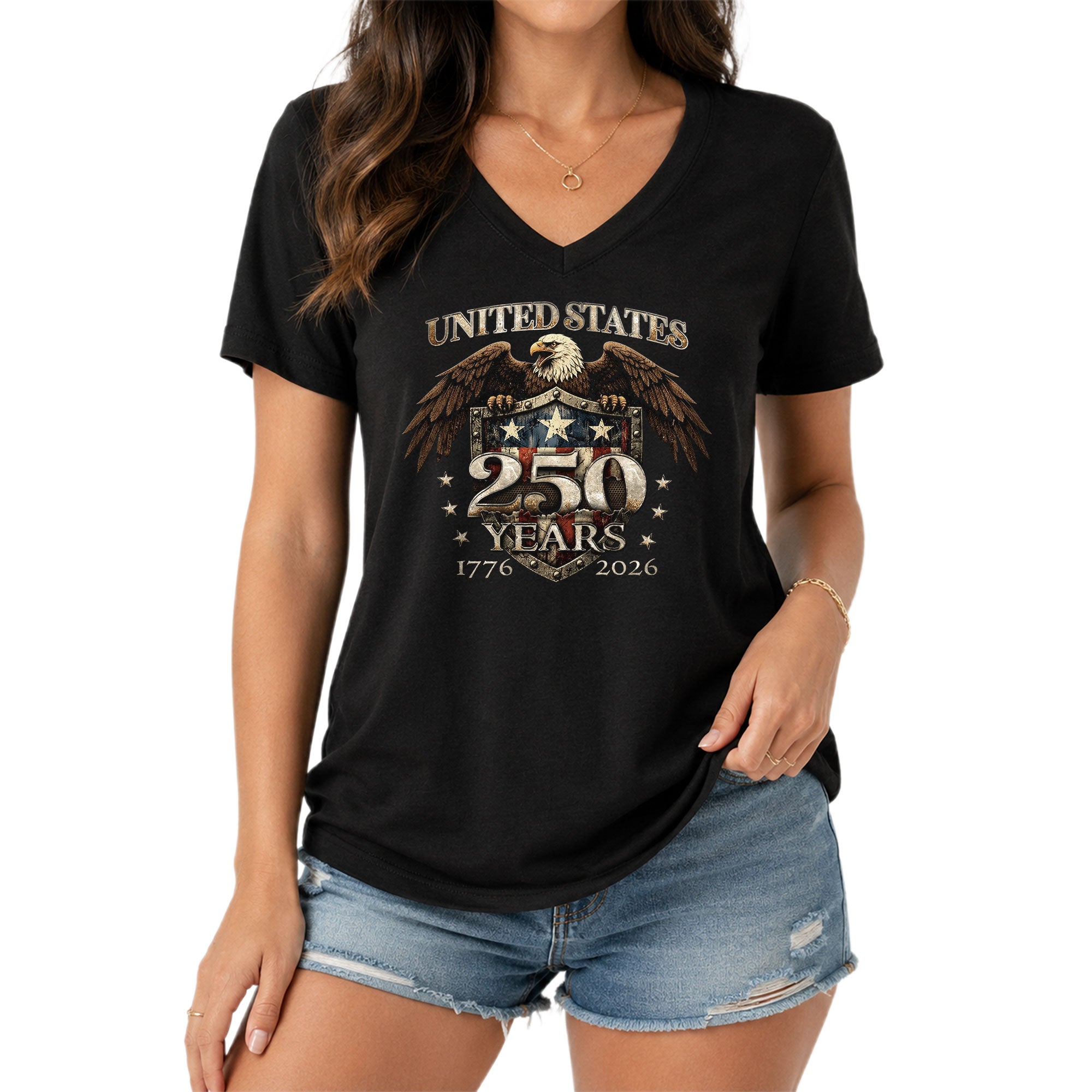 United States 250 Years Eagle V-Neck T-Shirt Patriotic USA Flag 1776-2026 Tee