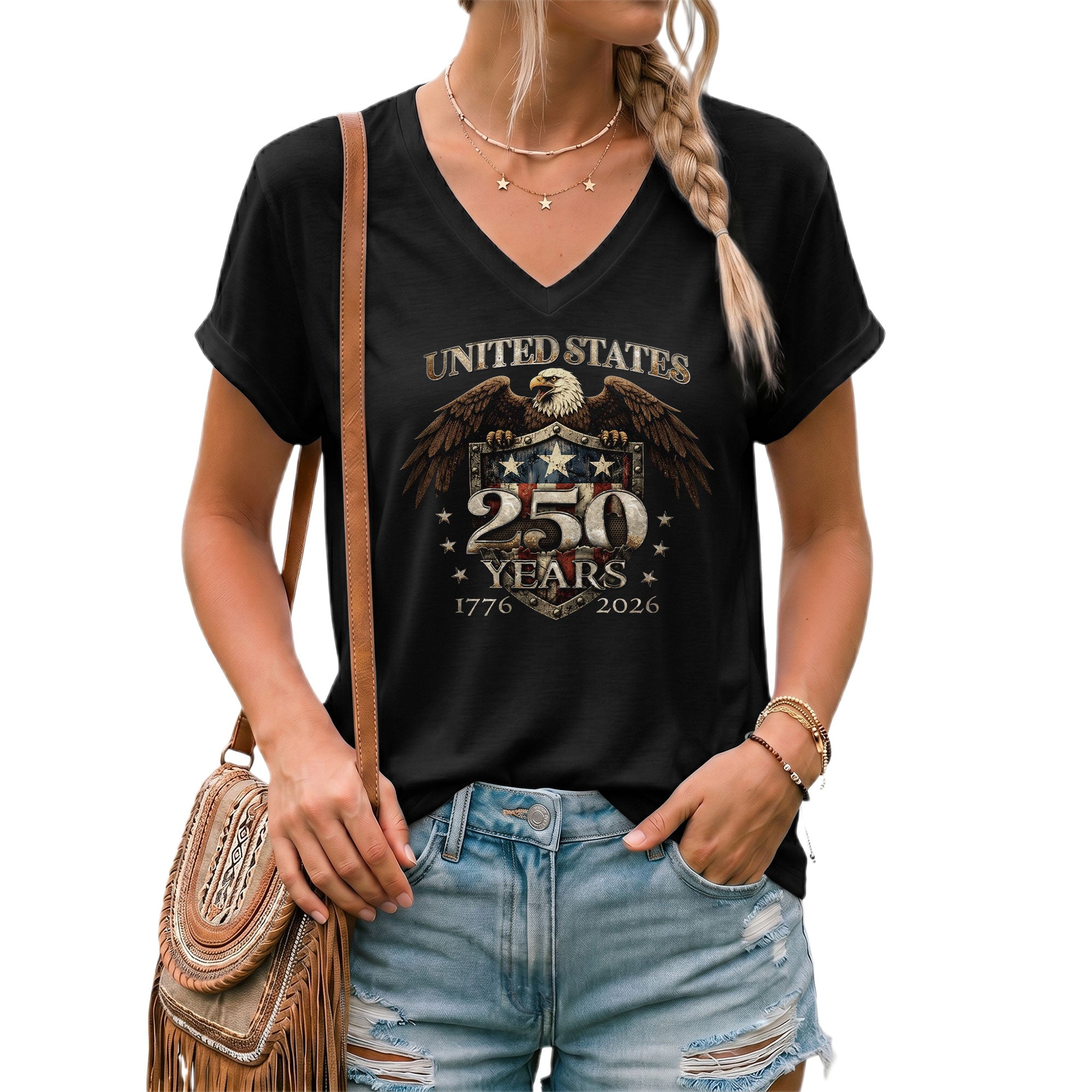 United States 250 Years Eagle V-Neck T-Shirt Patriotic USA Flag 1776-2026 Tee