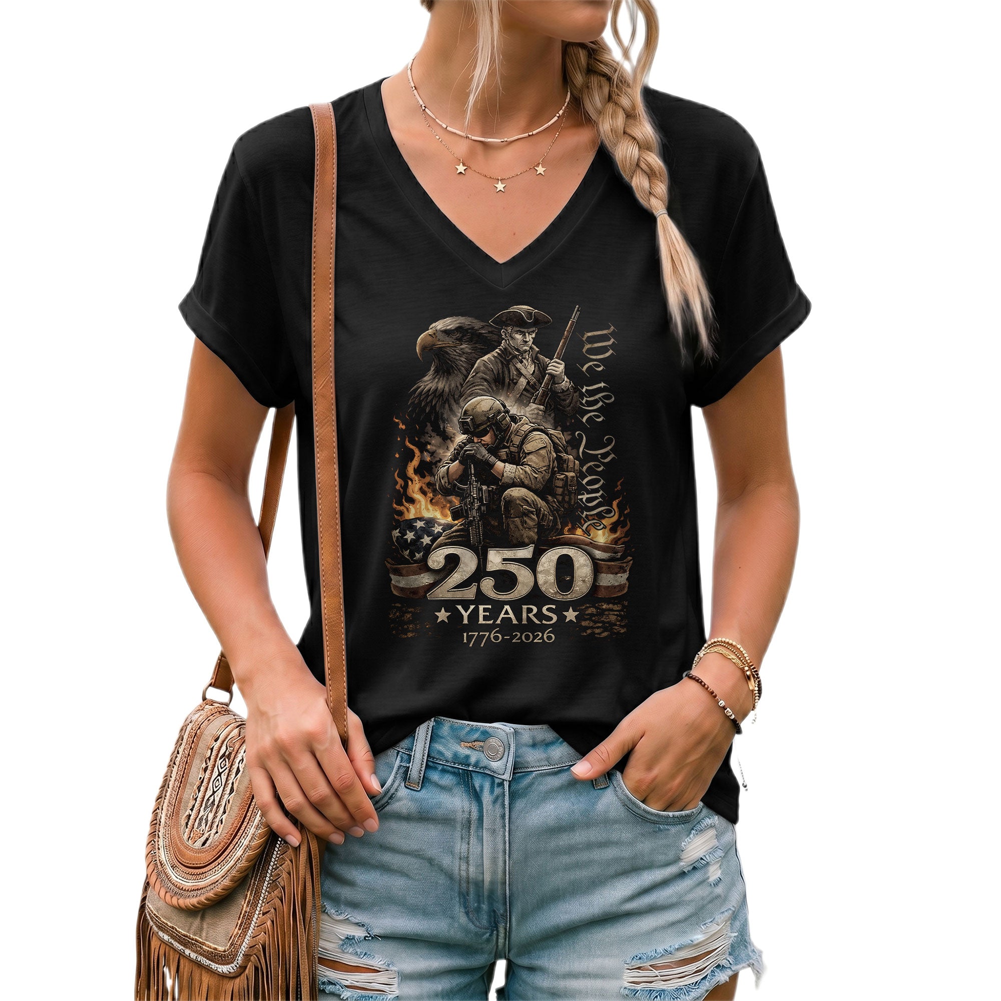 250 Years We The People V-Neck T-Shirt Patriotic Veteran Eagle USA 1776-2026