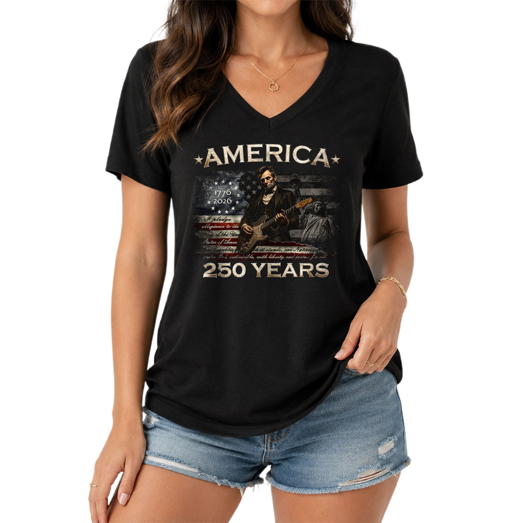 America 250 Years V-Neck T-Shirt Lincoln Guitar Patriotic USA 1776-2026 Tee
