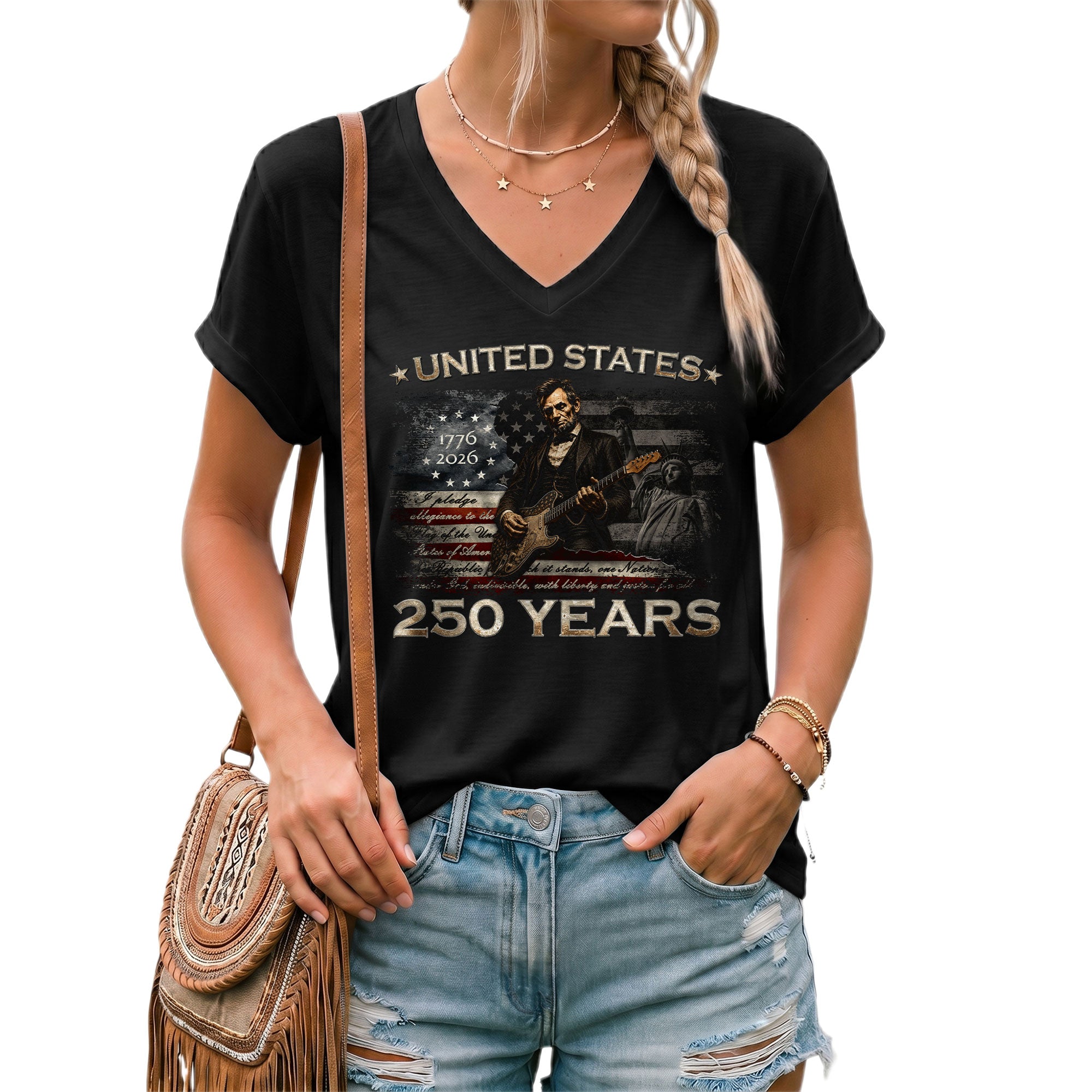 America 250 Years V-Neck T-Shirt Lincoln Guitar Patriotic USA 1776-2026 Tee