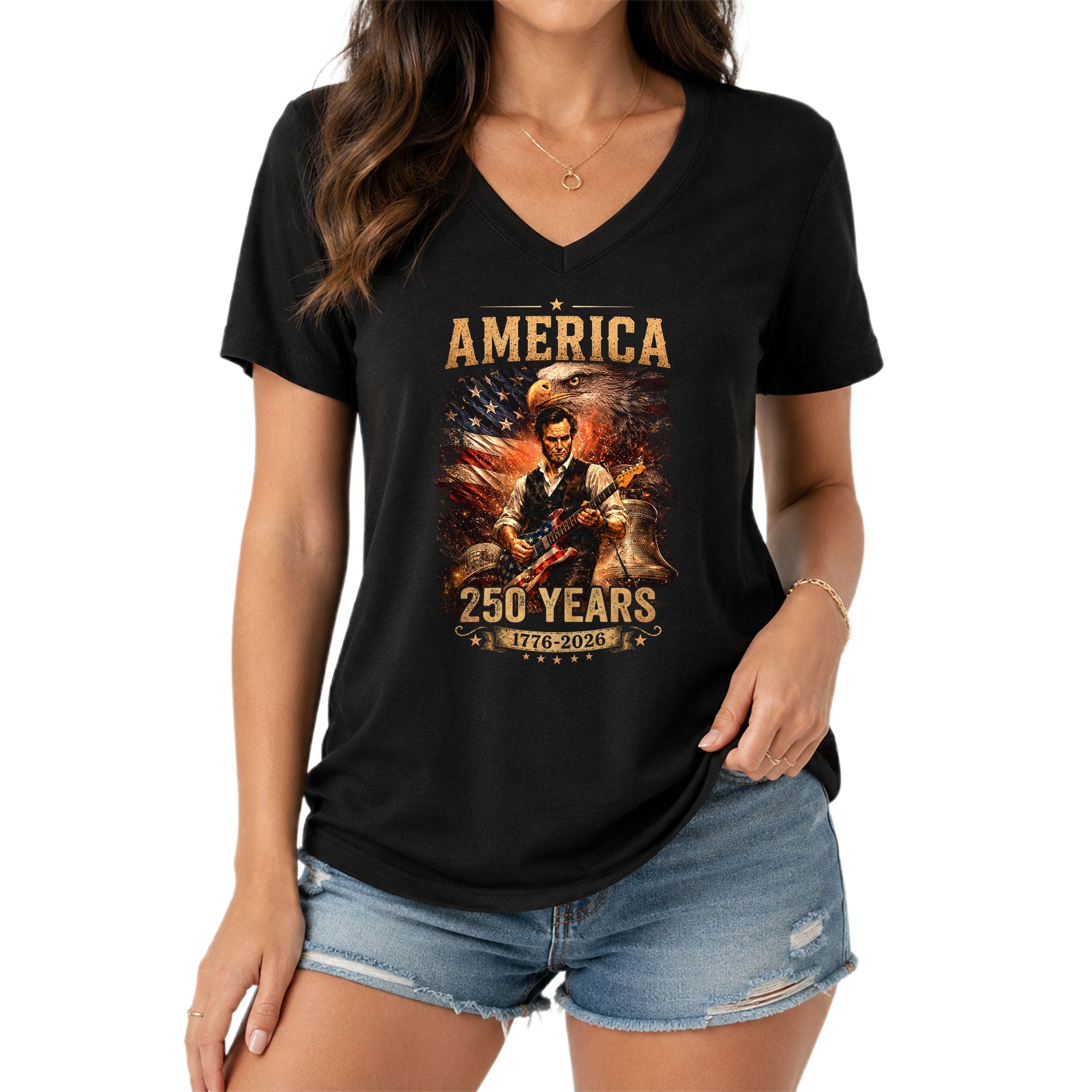 America 250 Years V-Neck T-Shirt Eagle Lincoln Guitar Patriotic USA 1776-2026
