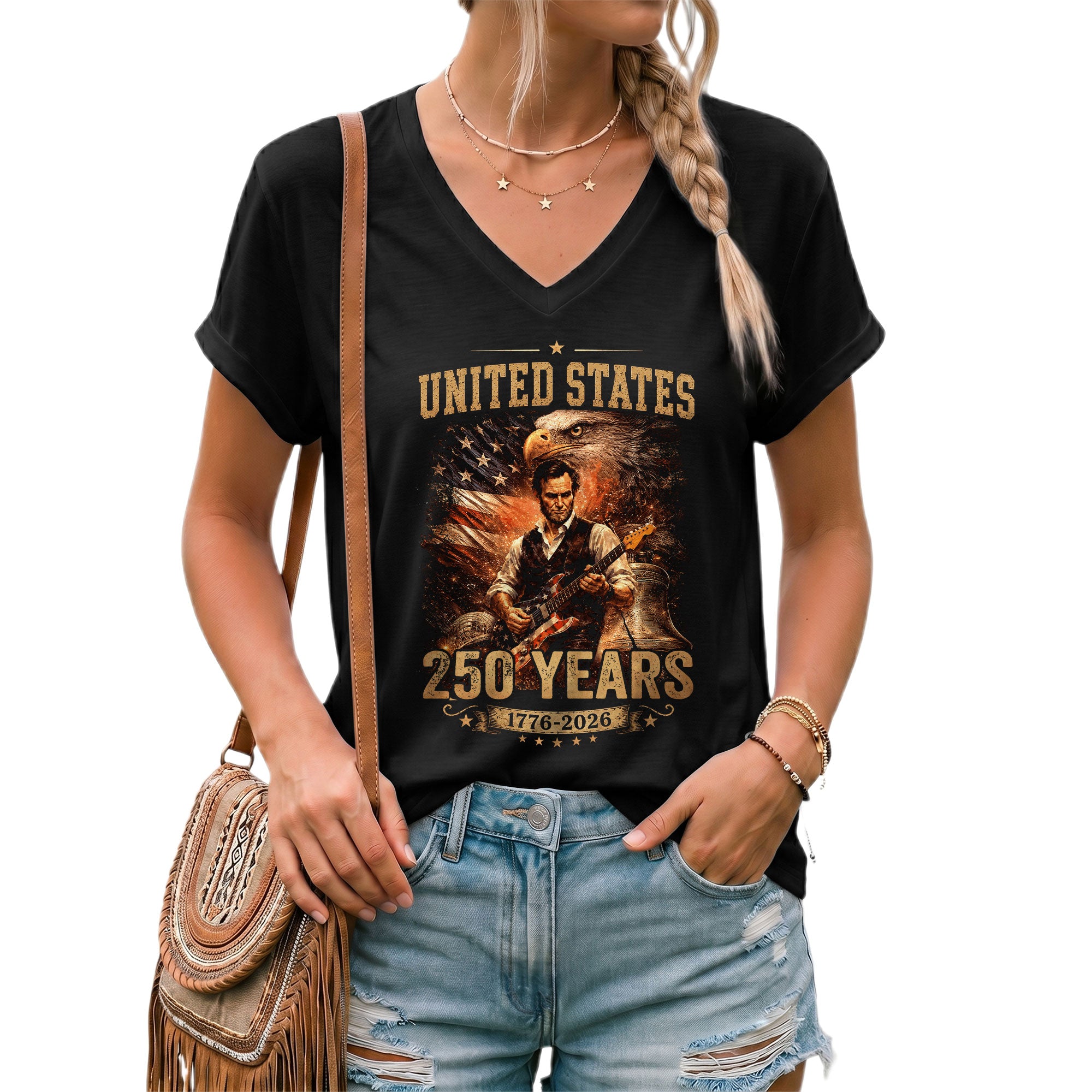 America 250 Years V-Neck T-Shirt Eagle Lincoln Guitar Patriotic USA 1776-2026