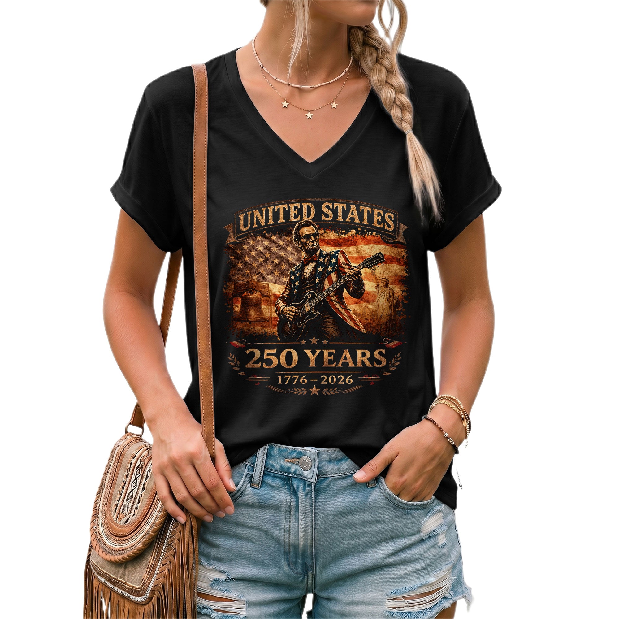 Patriotic Lincoln Liberty Bell V-Neck Shirt Vintage 1776-2026 America 250 Years