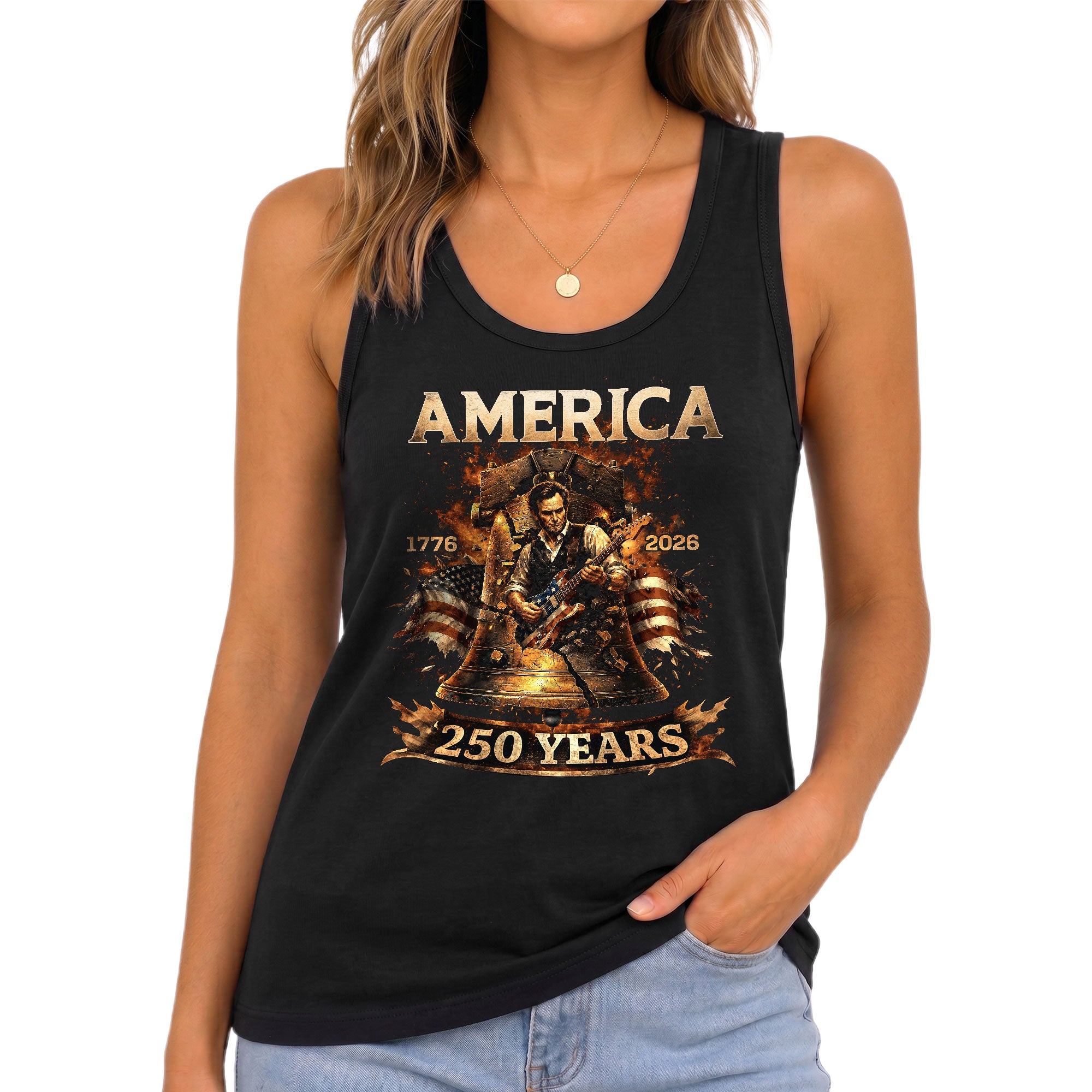 Lincoln Women Tank Top Liberty Bell Guitar Graphic 1776 2026 250 Years Patriotic Shirt