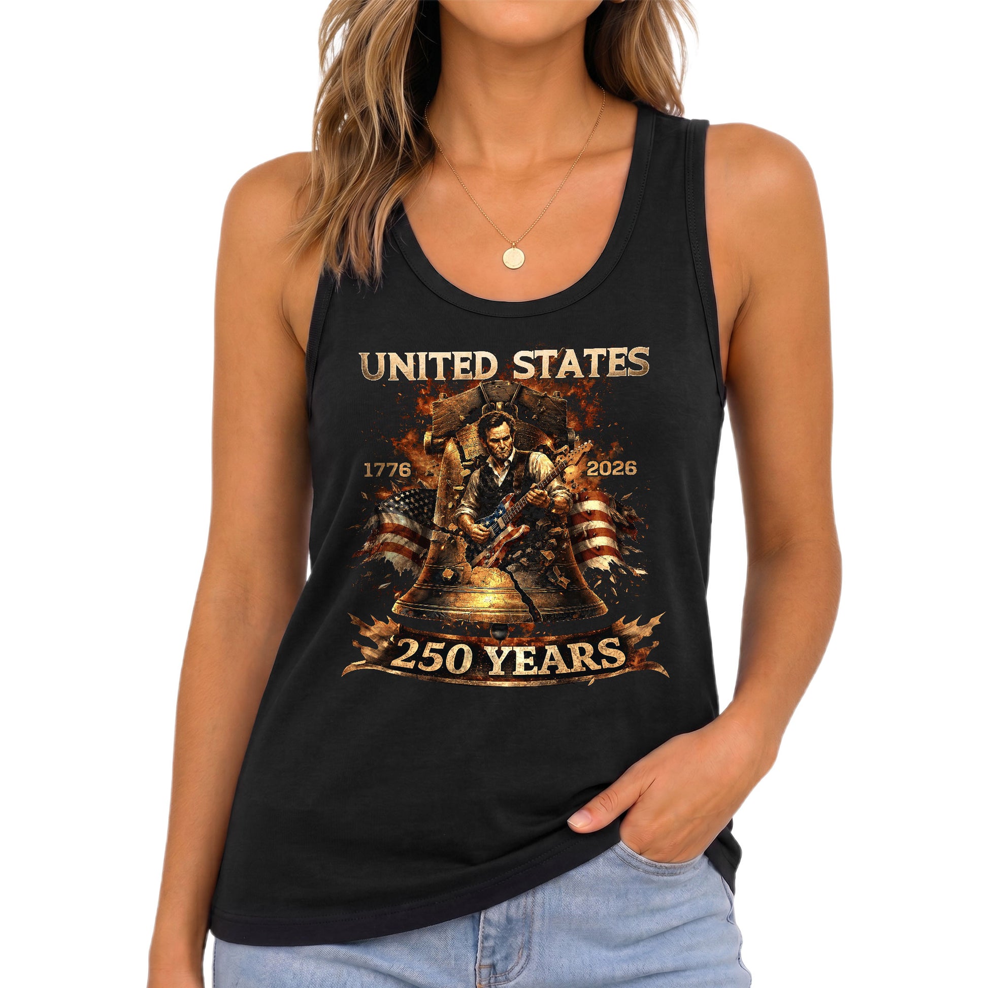 Lincoln Women Tank Top Liberty Bell Guitar Graphic 1776 2026 250 Years Patriotic Shirt - Rust Field Wear
