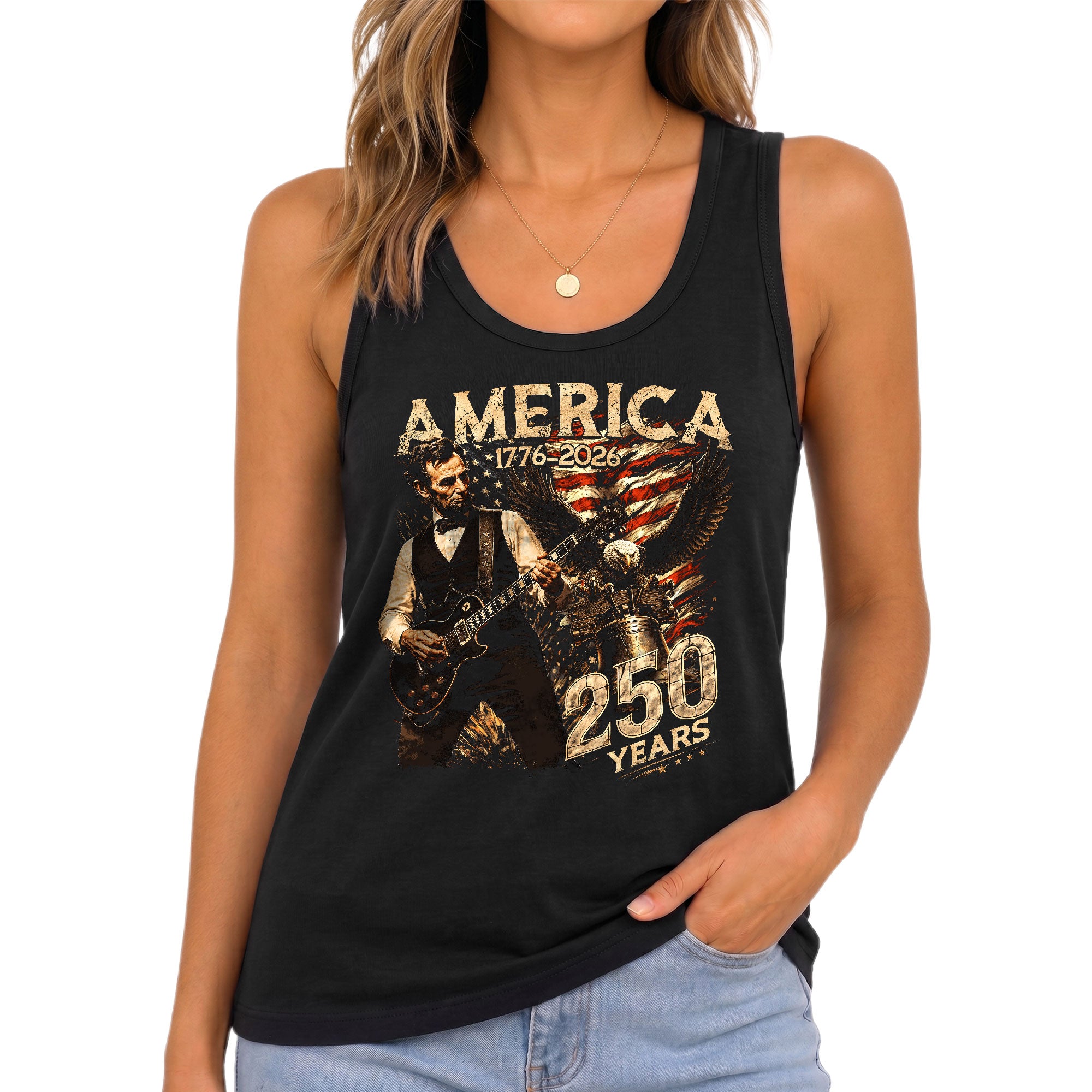Abraham Lincoln Women Tank Top Bald Eagle Liberty Bell Guitar 1776 2026 250 Years Shirt