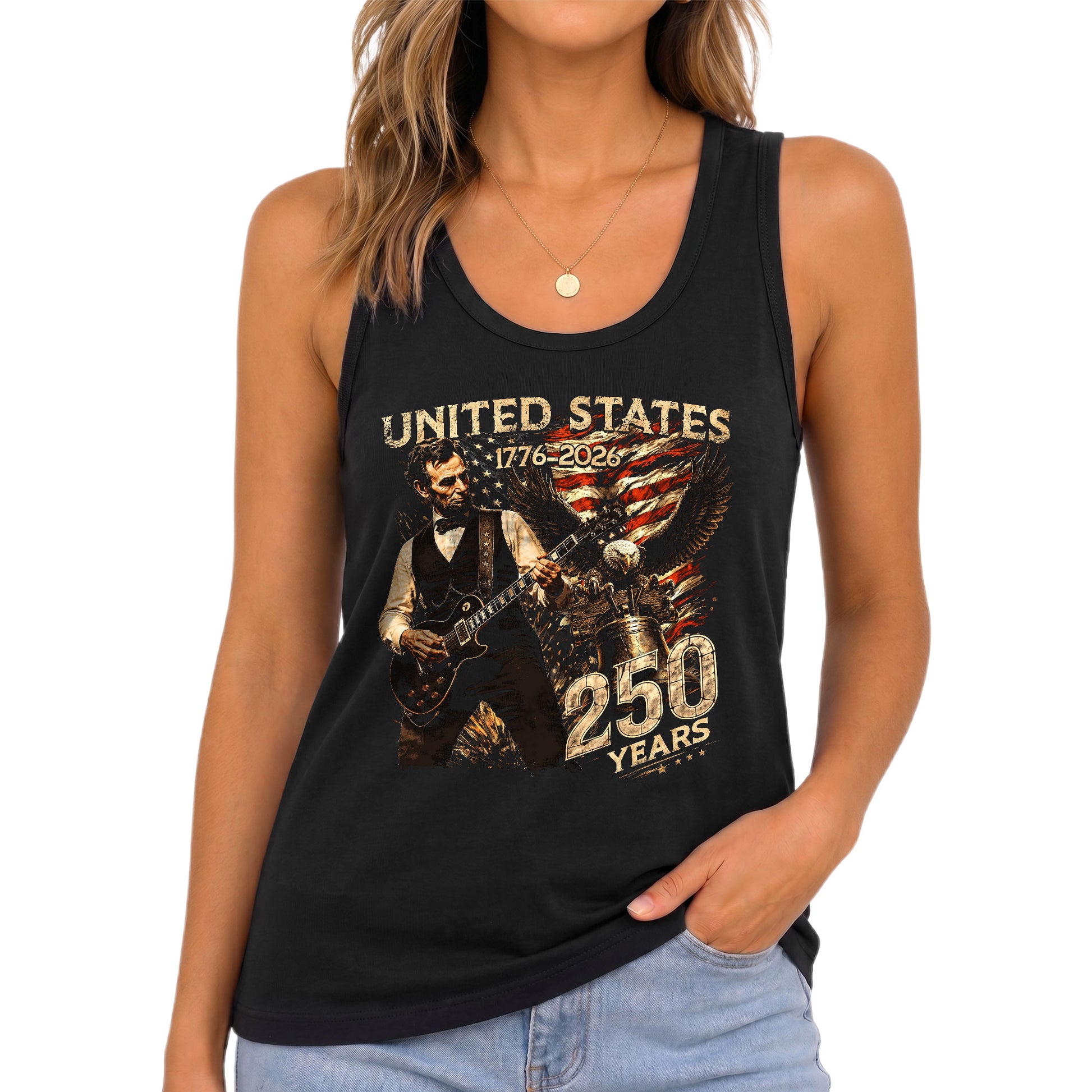 Abraham Lincoln Women Tank Top Bald Eagle Liberty Bell Guitar 1776 2026 250 Years Shirt - Rust Field Wear