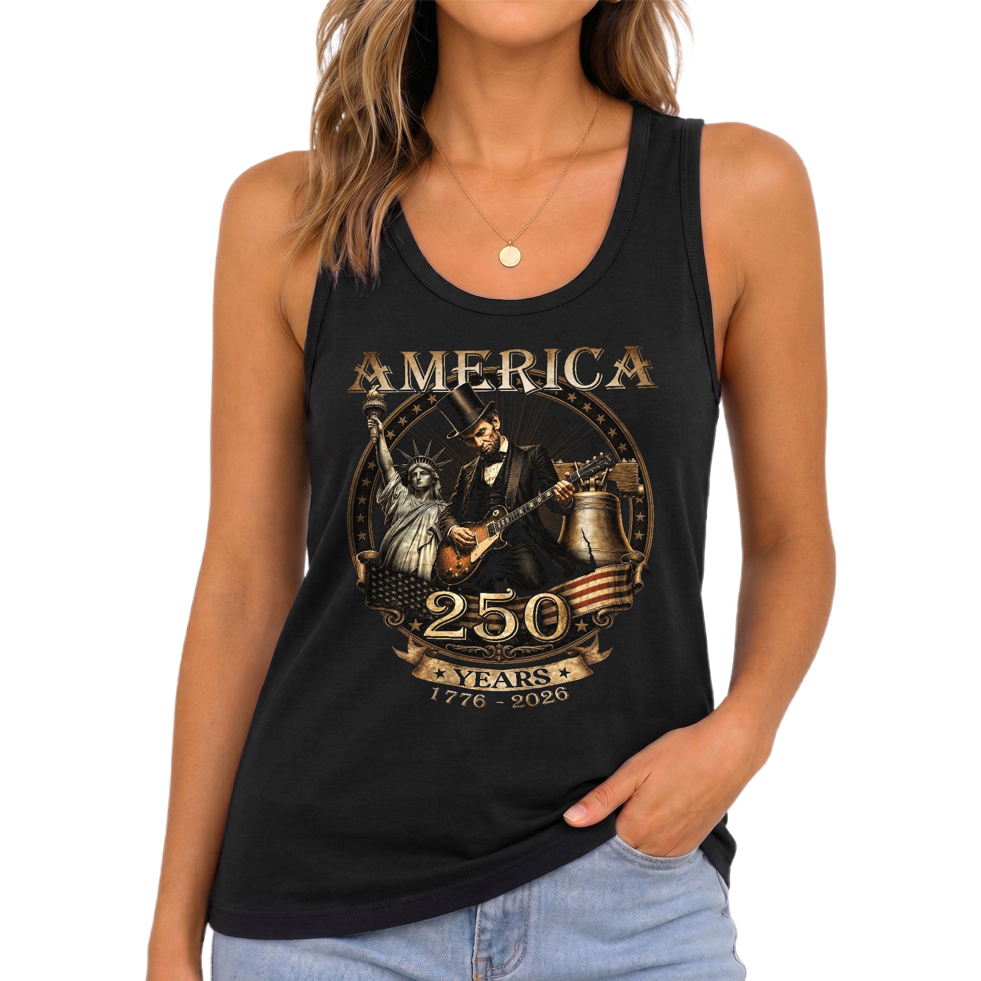 Abraham Lincoln Women Tank Top Statue of Liberty Guitar 1776 2026 250 Years Graphic Shirt
