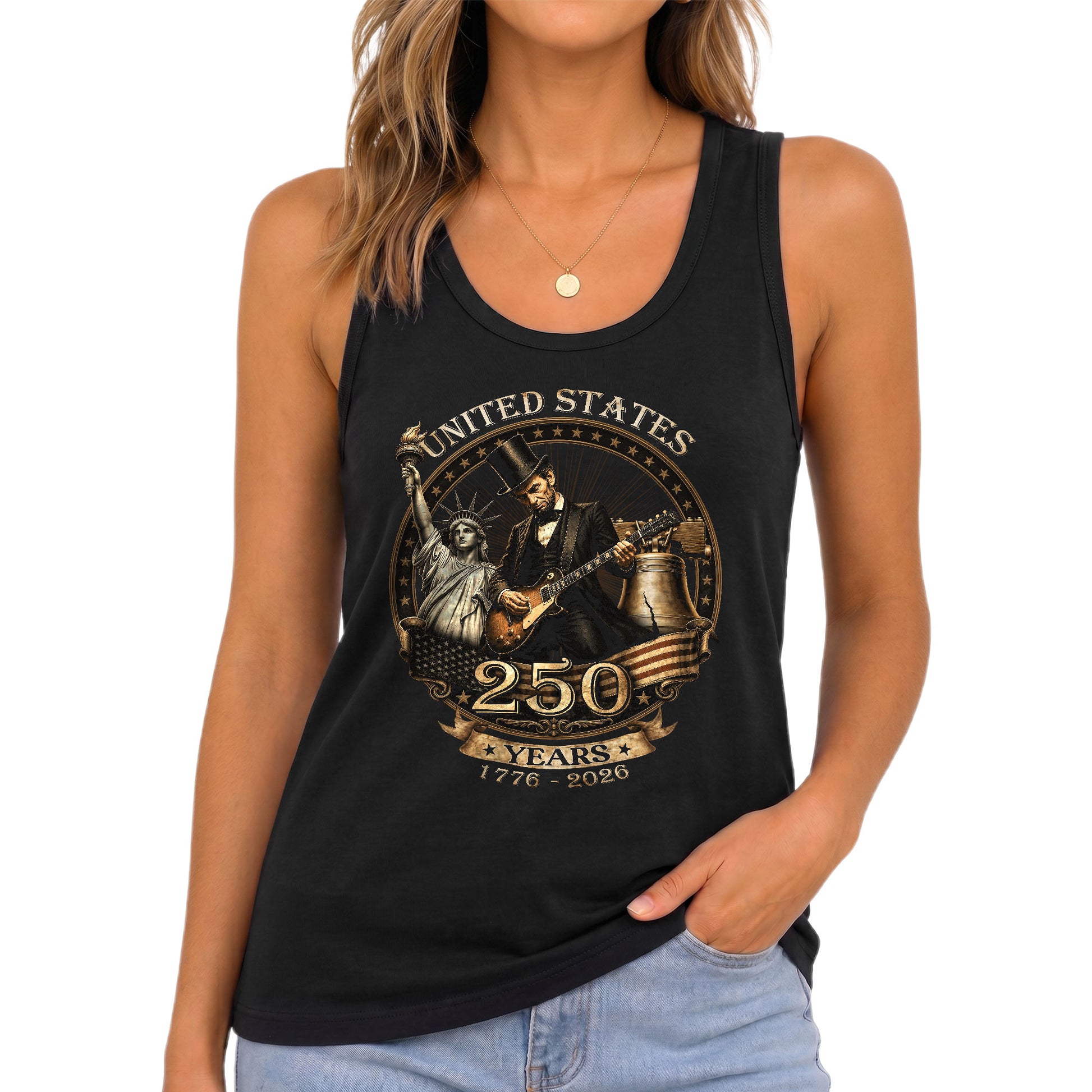 Abraham Lincoln Women Tank Top Statue of Liberty Guitar 1776 2026 250 Years Graphic Shirt - Rust Field Wear
