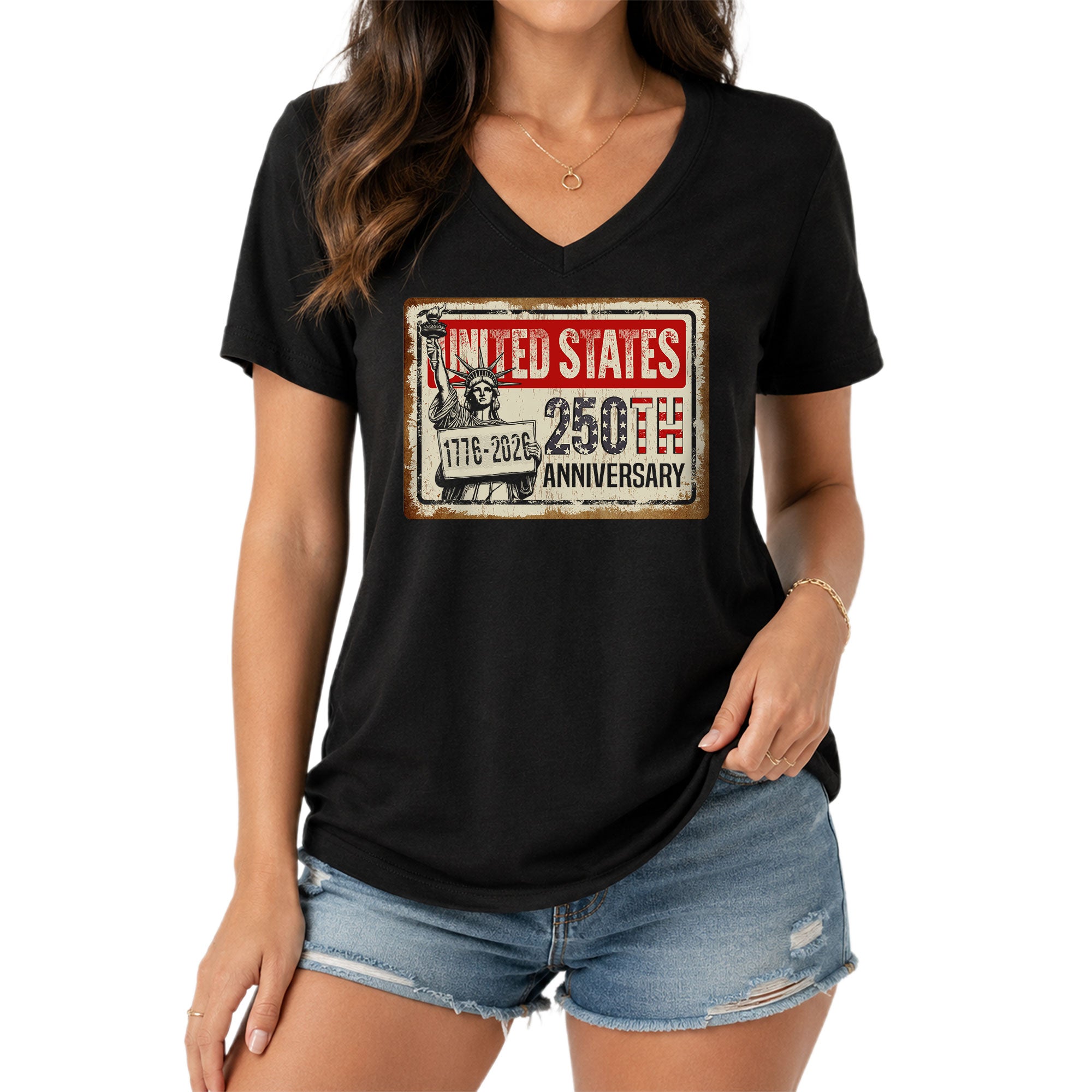 United States 250th Anniversary Women V-Neck T-Shirt 1776-2026 Patriotic Liberty Tee