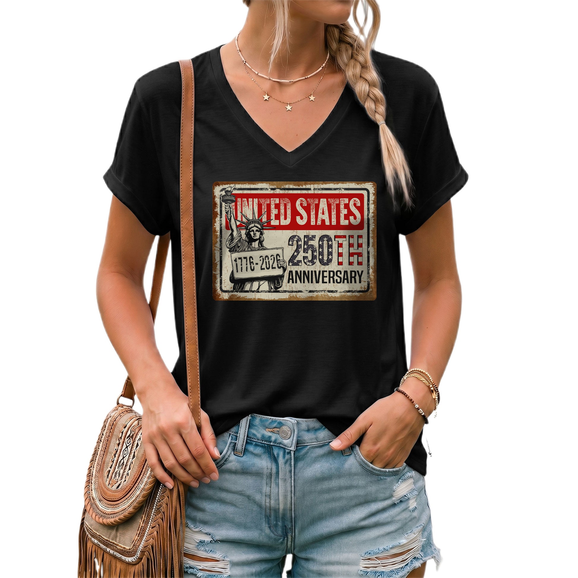 United States 250th Anniversary Women V-Neck T-Shirt 1776-2026 Patriotic Liberty Tee - Rust Field Wear