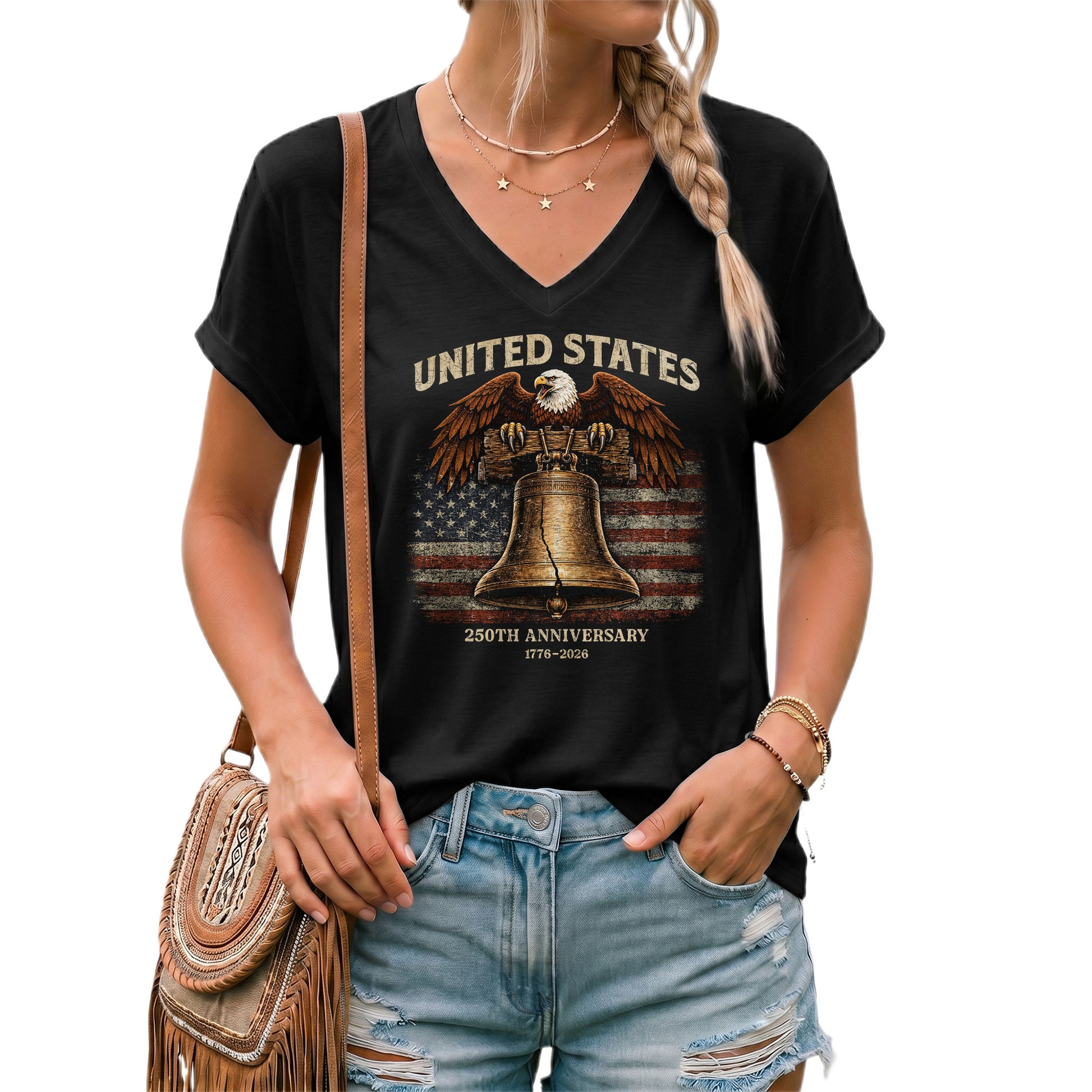Women's United States 250th Anniversary V-Neck Shirt Eagle Liberty Bell Freedom Tee - Rust Field Wear
