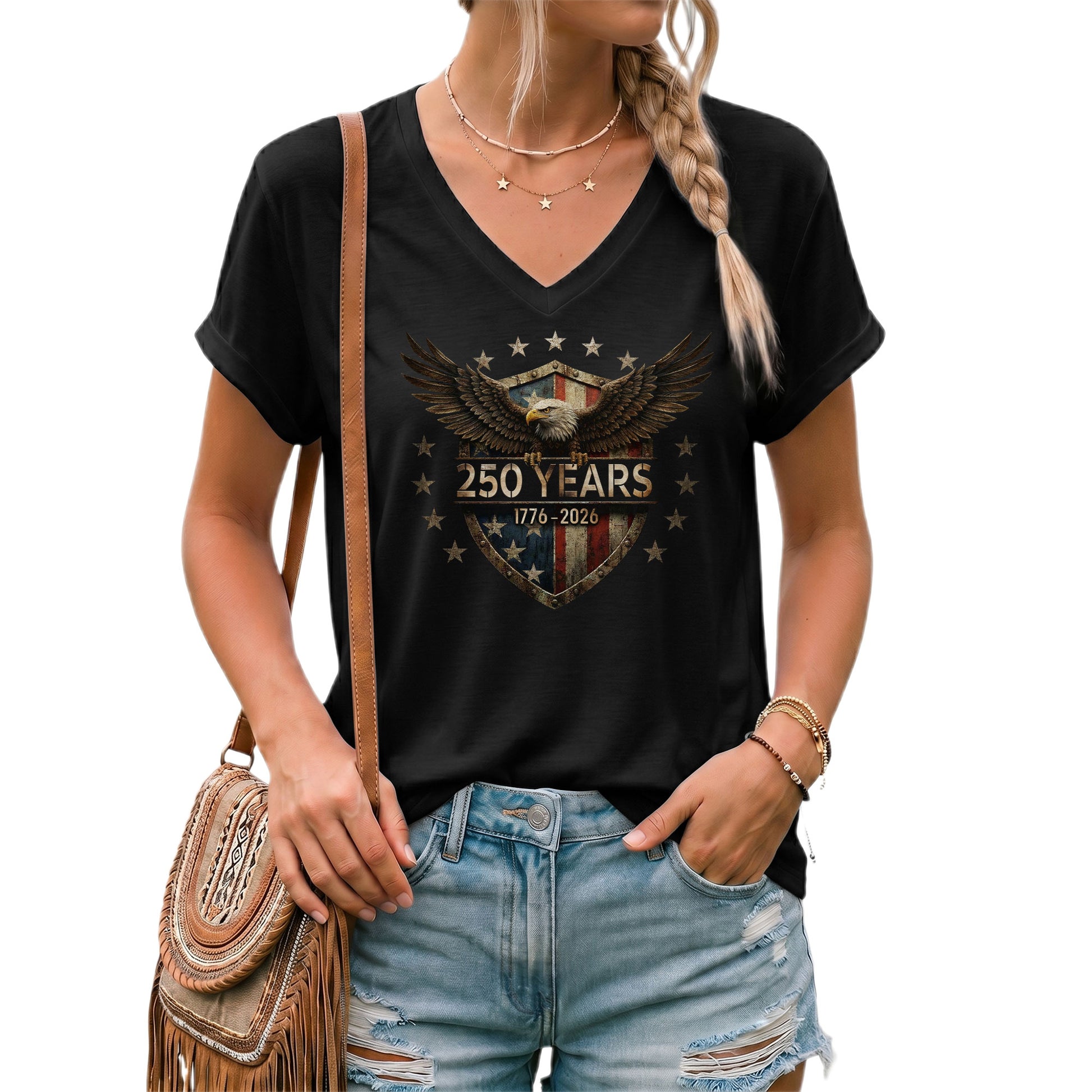 250 Years Women's V-Neck T-Shirt Eagle Shield Patriotic Freedom 1776-2026 Tee - Rust Field Wear