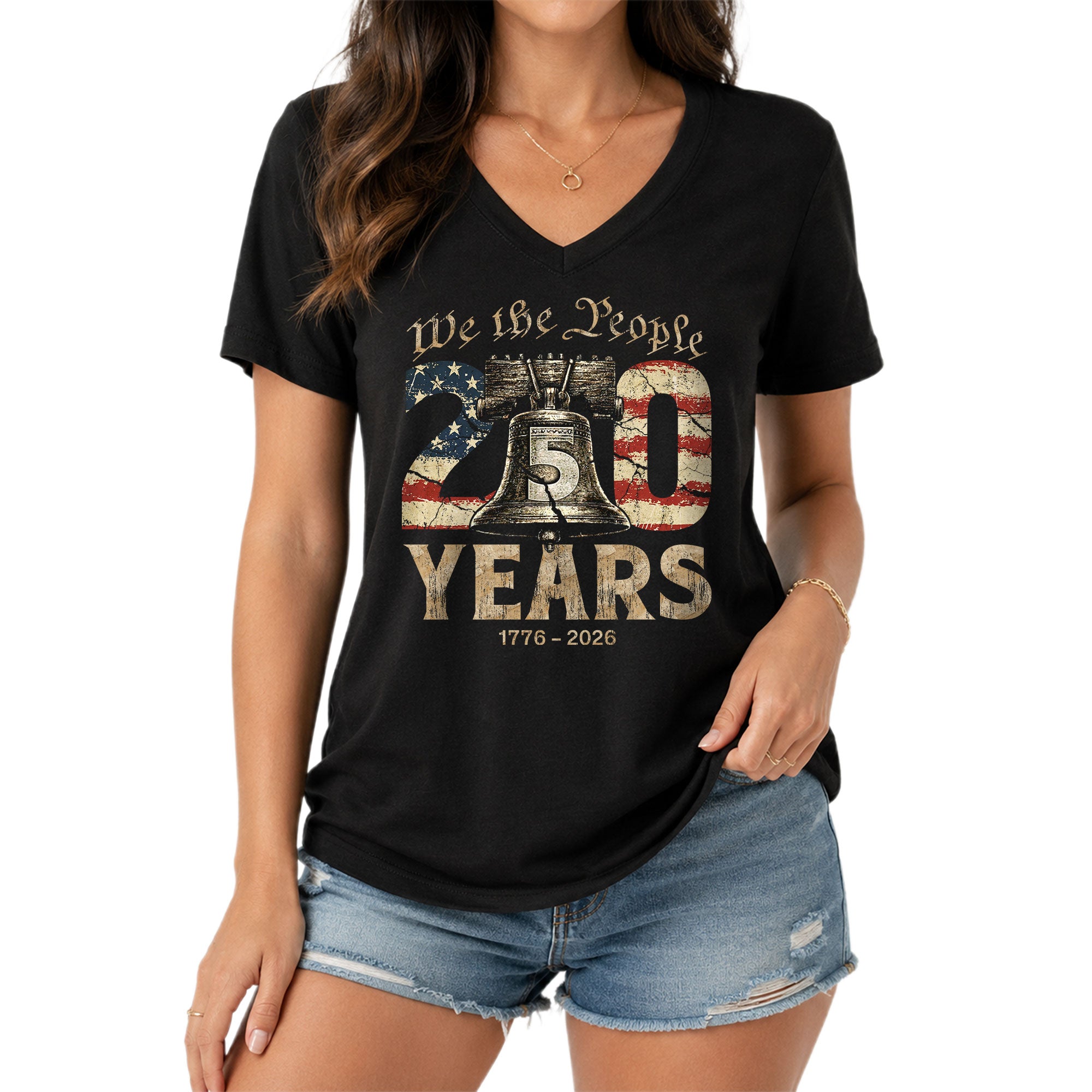Women's Patriotic Heritage V-Neck Shirt We The People 250 Years Freedom Tee