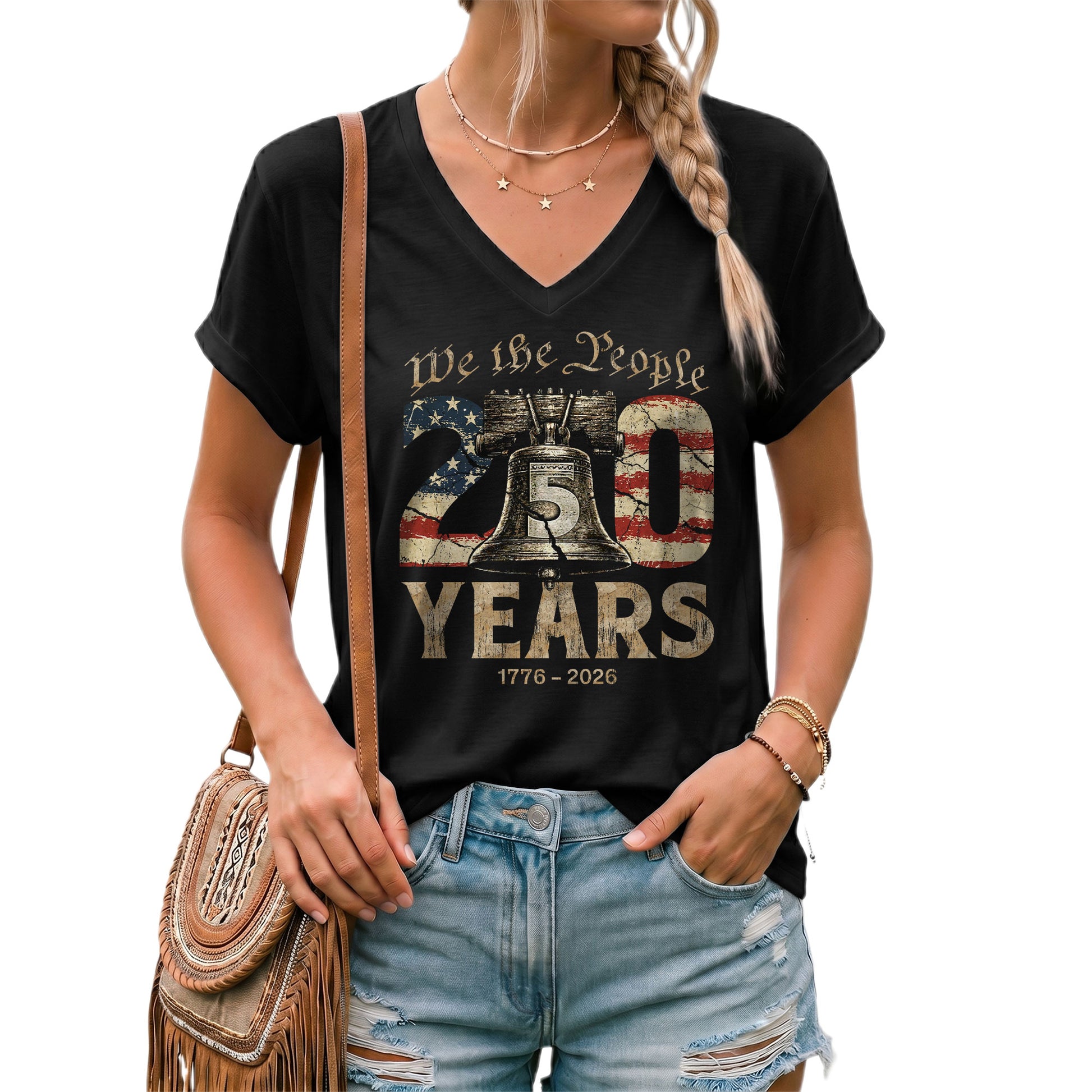 Women's Patriotic Heritage V-Neck Shirt We The People 250 Years Freedom Tee - Rust Field Wear