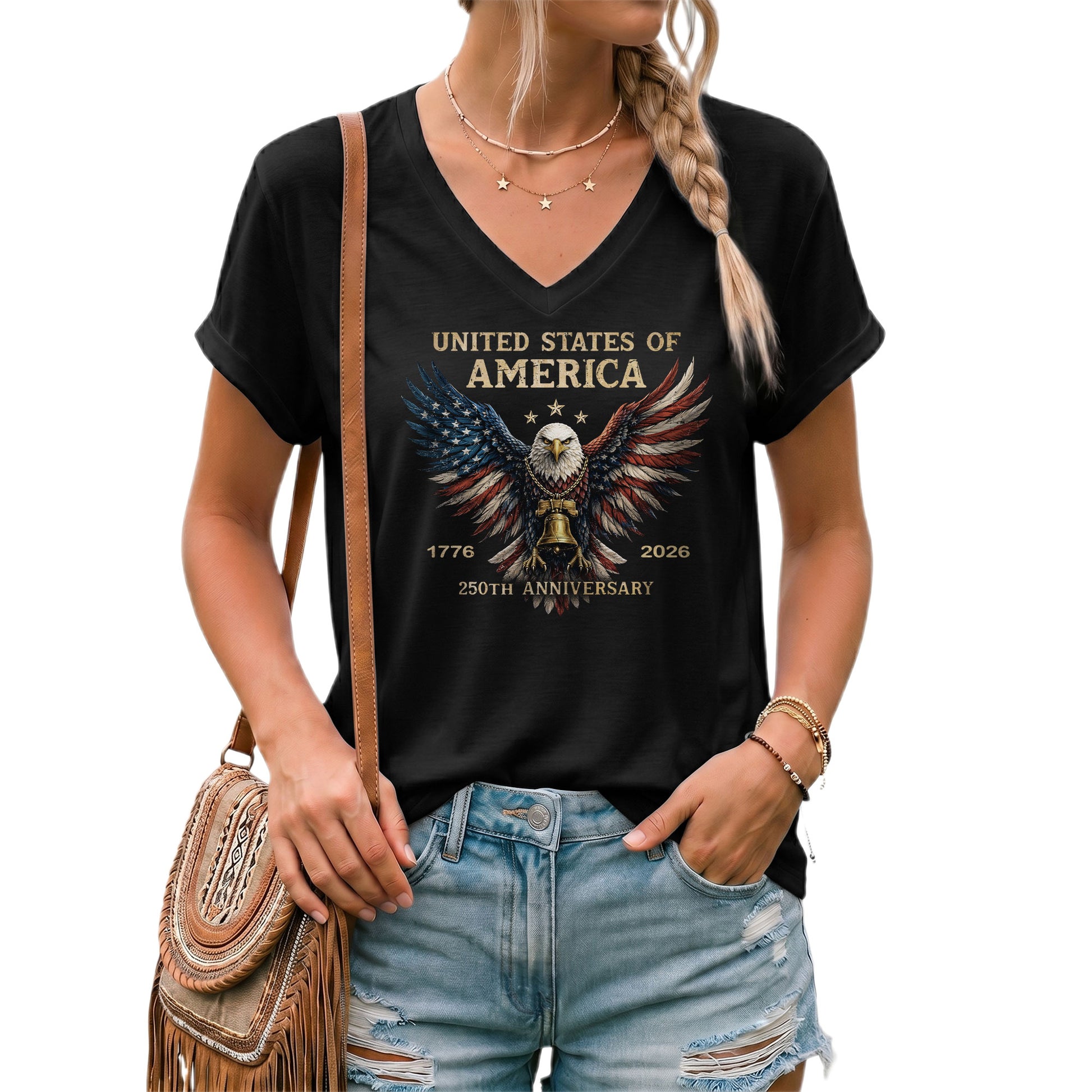 USA 250th Anniversary American Eagle V Neck T Shirt Women Patriotic Casual Graphic Tee - Rust Field Wear