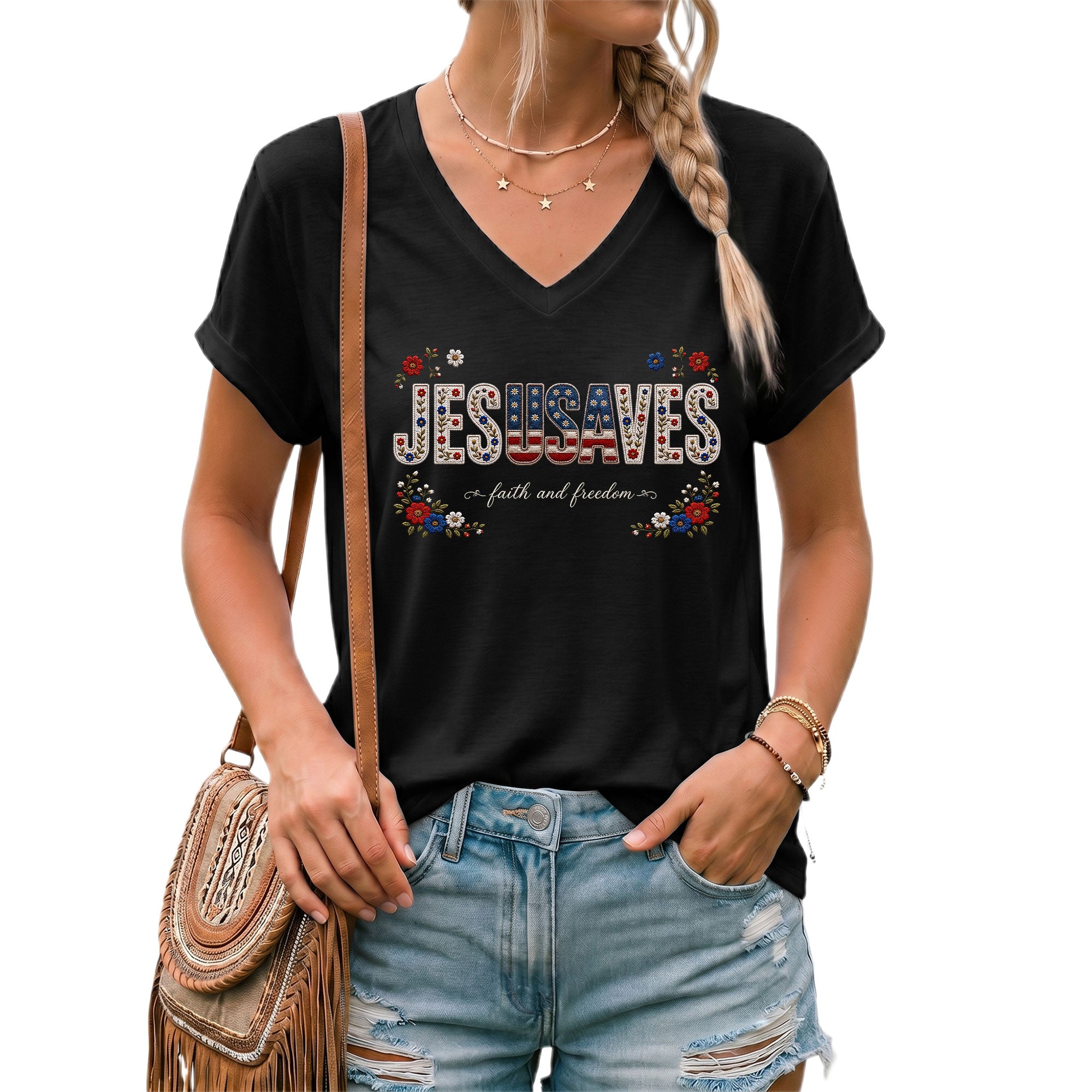 Jesus Saves Patriotic V-Neck Tee - 1776-2026 American Faith & Freedom Graphic Cotton Shirt