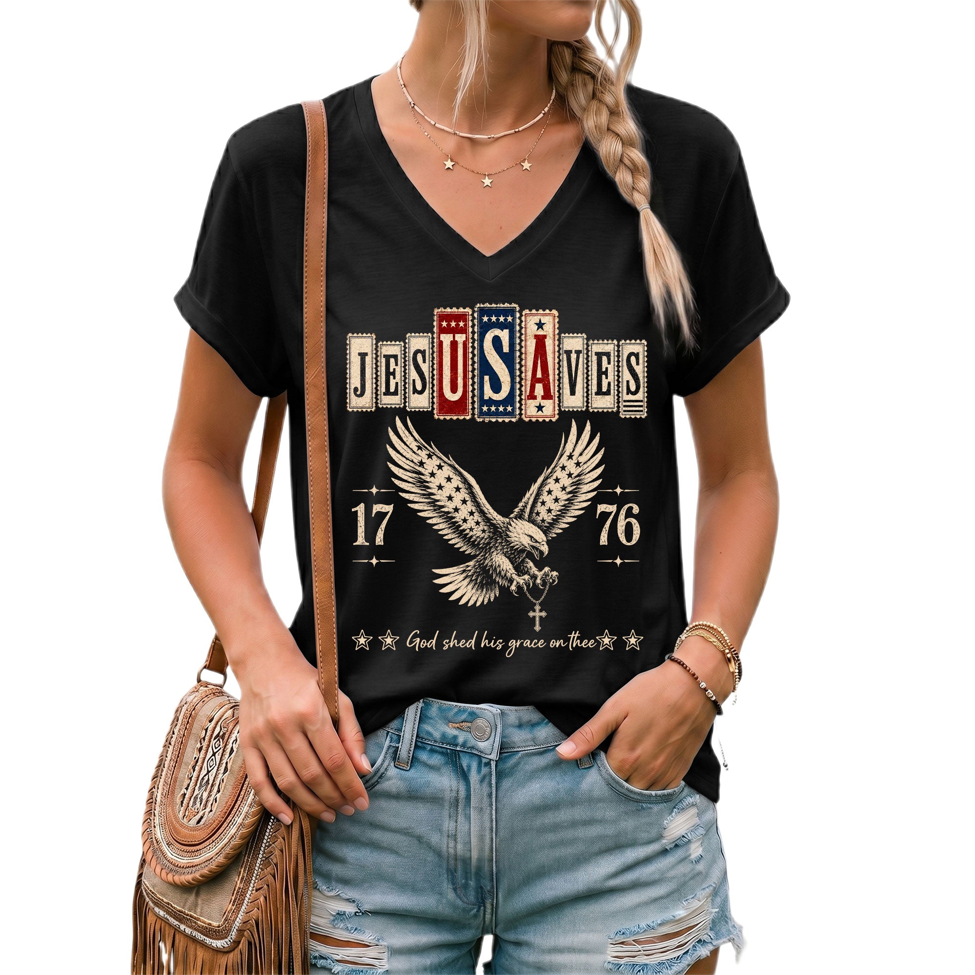 Jesus Saves Patriotic V-Neck Tee - Eagle & Cross 1776 American Heritage Graphic Cotton Shirt