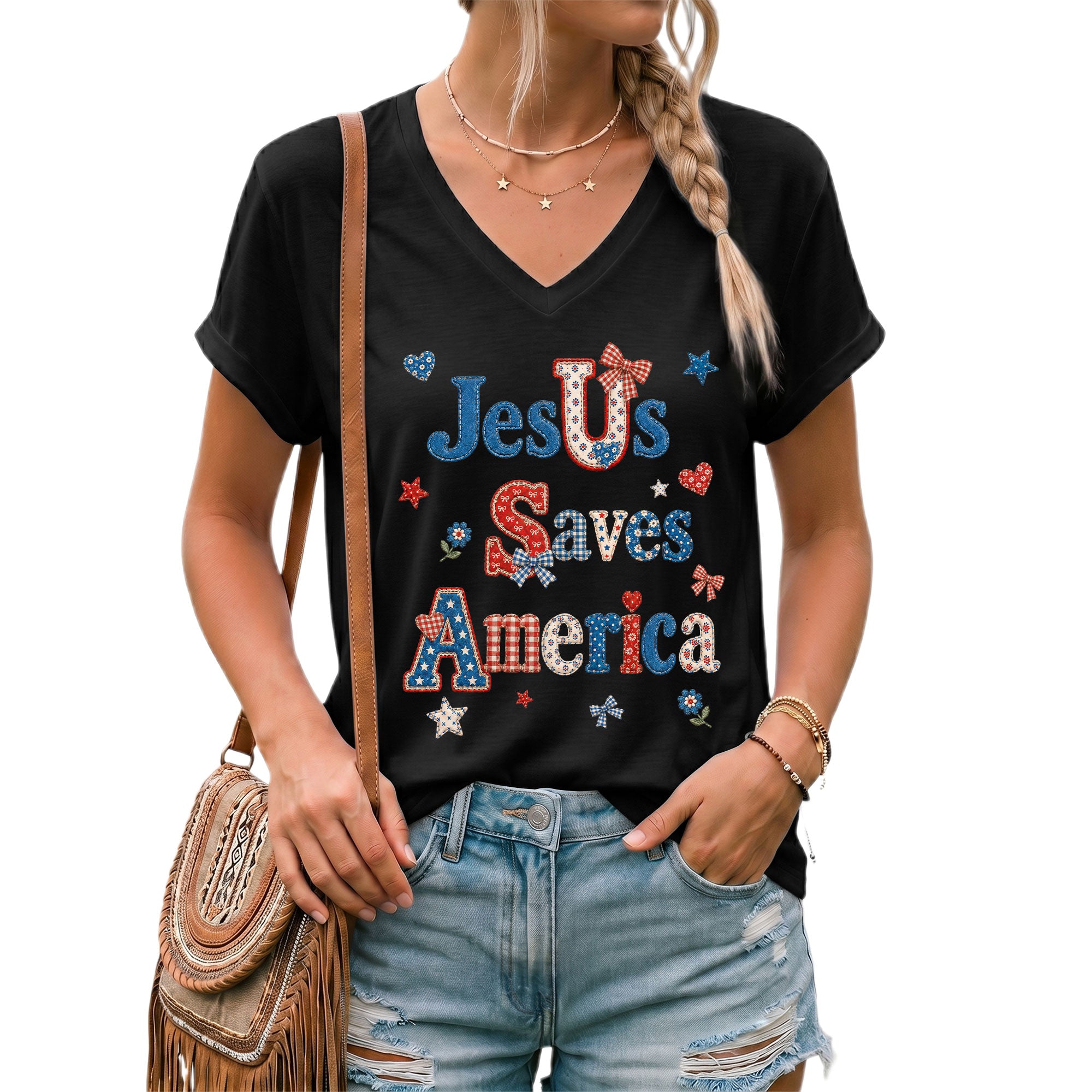 Jesus Saves America V-Neck Tee - Patriotic Patchwork Graphic Heritage 1776-2026 Cotton Shirt