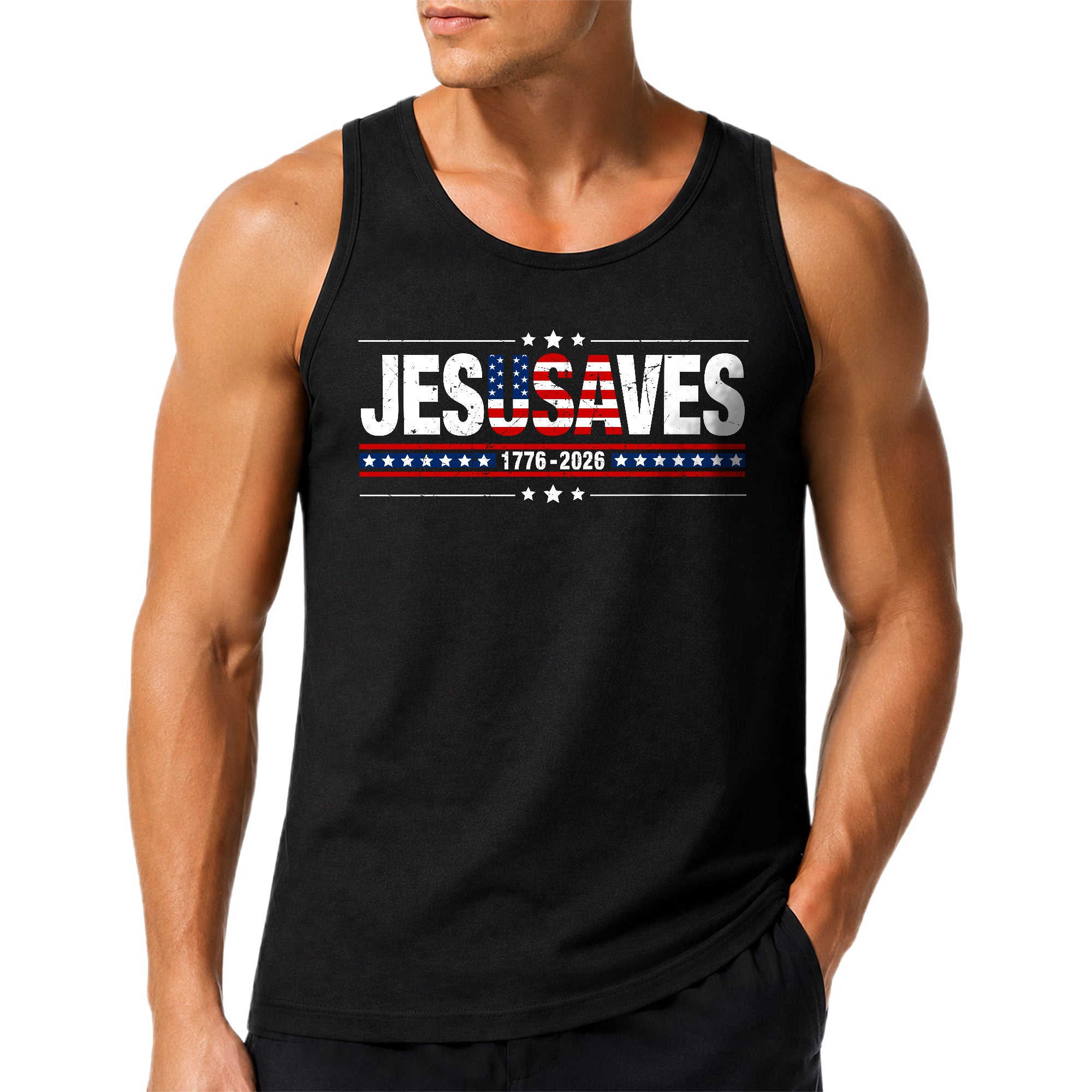 Men's JESUSAVES 1776-2026 Tank Top - Patriotic Graphic Sleeveless Summer Shirt