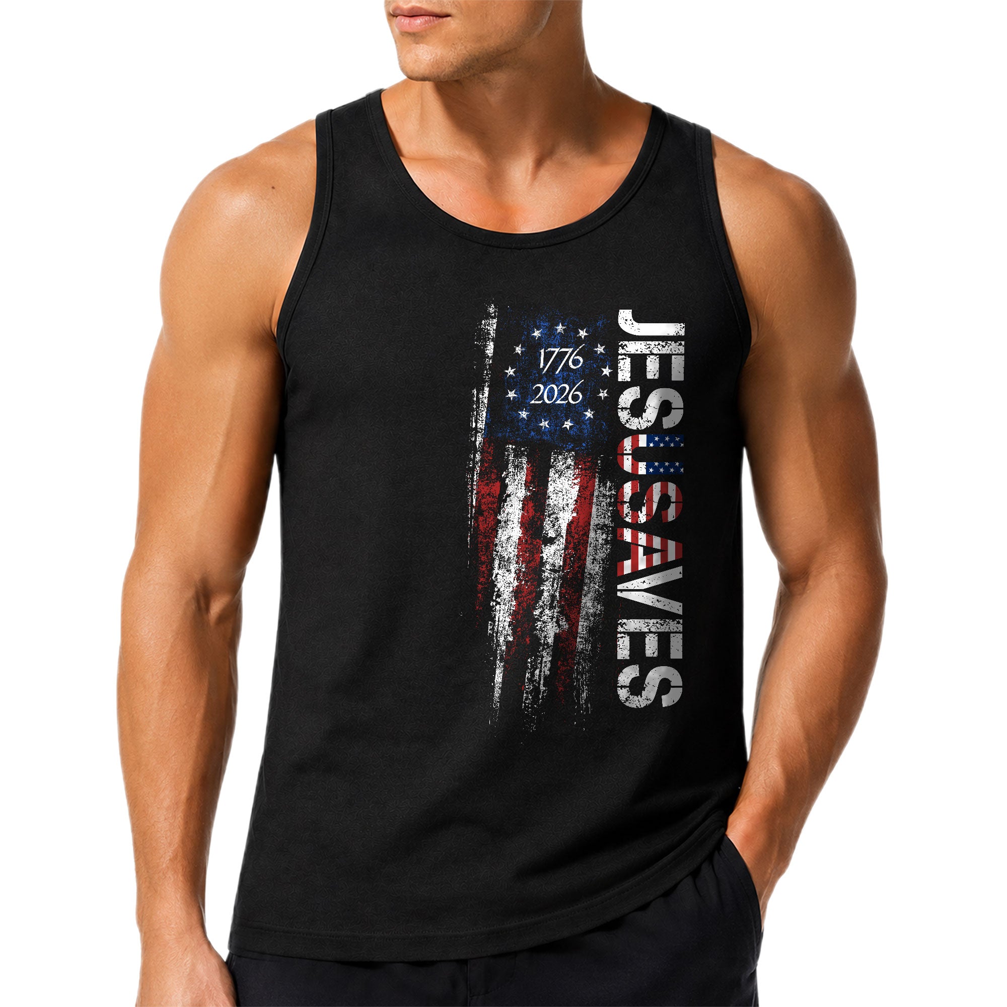 Men's Vertical JESUSAVES 1776-2026 Tank - Patriotic Graphic Sleeveless Summer Top