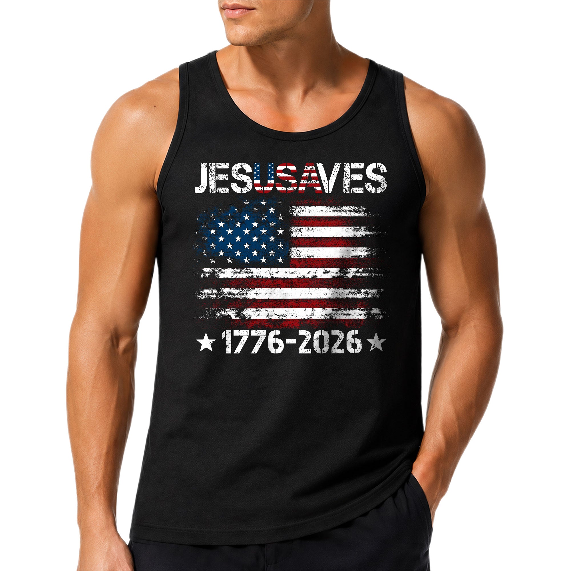 Men's Patriotic JESUSAVES 1776-2026 Tank Top - Faith Graphic Sleeveless Shirt