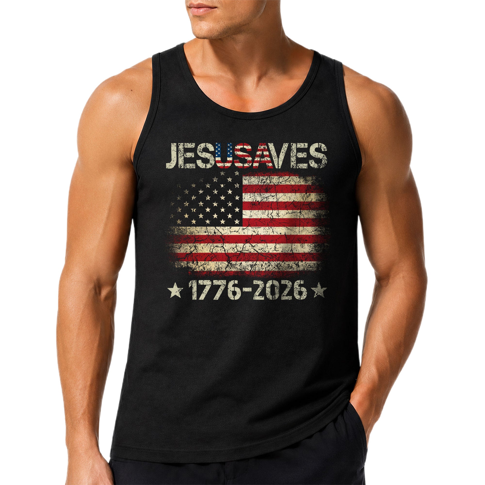 Men's Patriotic 1776-2026 Tank - JESUSAVES Faith Graphic Sleeveless Summer Shirt