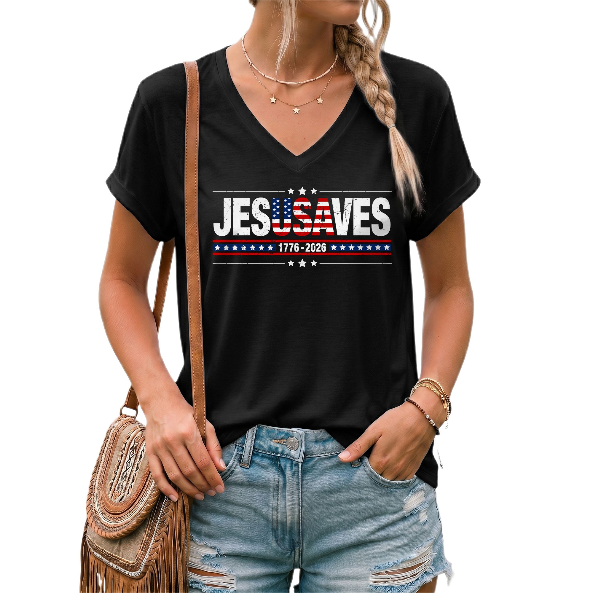 JESUSAVES 1776-2026 Patriotic V-Neck Tee - Women's Graphic Summer Casual Shirt Top