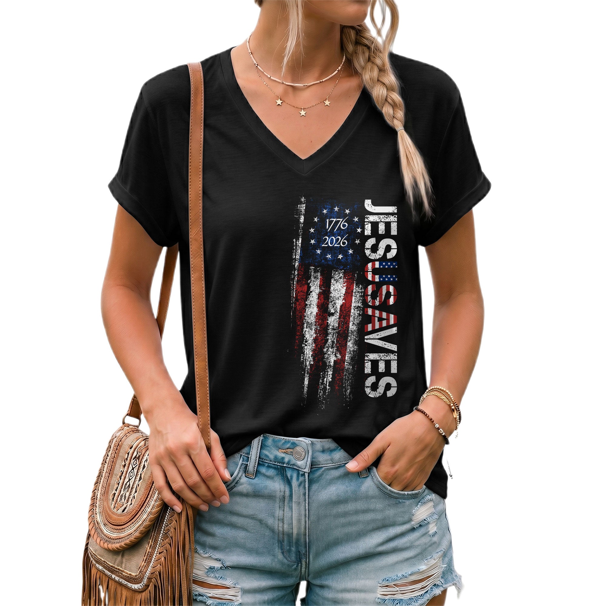 JESUSAVES Vertical 1776-2026 V-Neck Tee - Women's Graphic Patriotic Summer Shirt