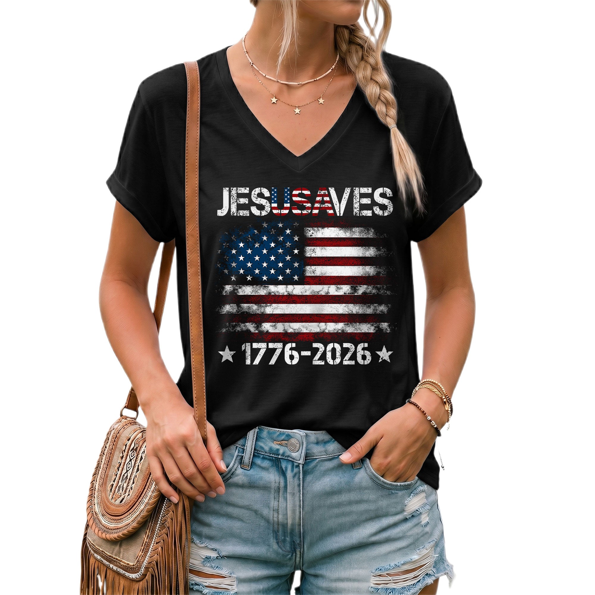 Women's Flag JESUSAVES 1776-2026 V-Neck Tee - Patriotic Graphic Summer Item