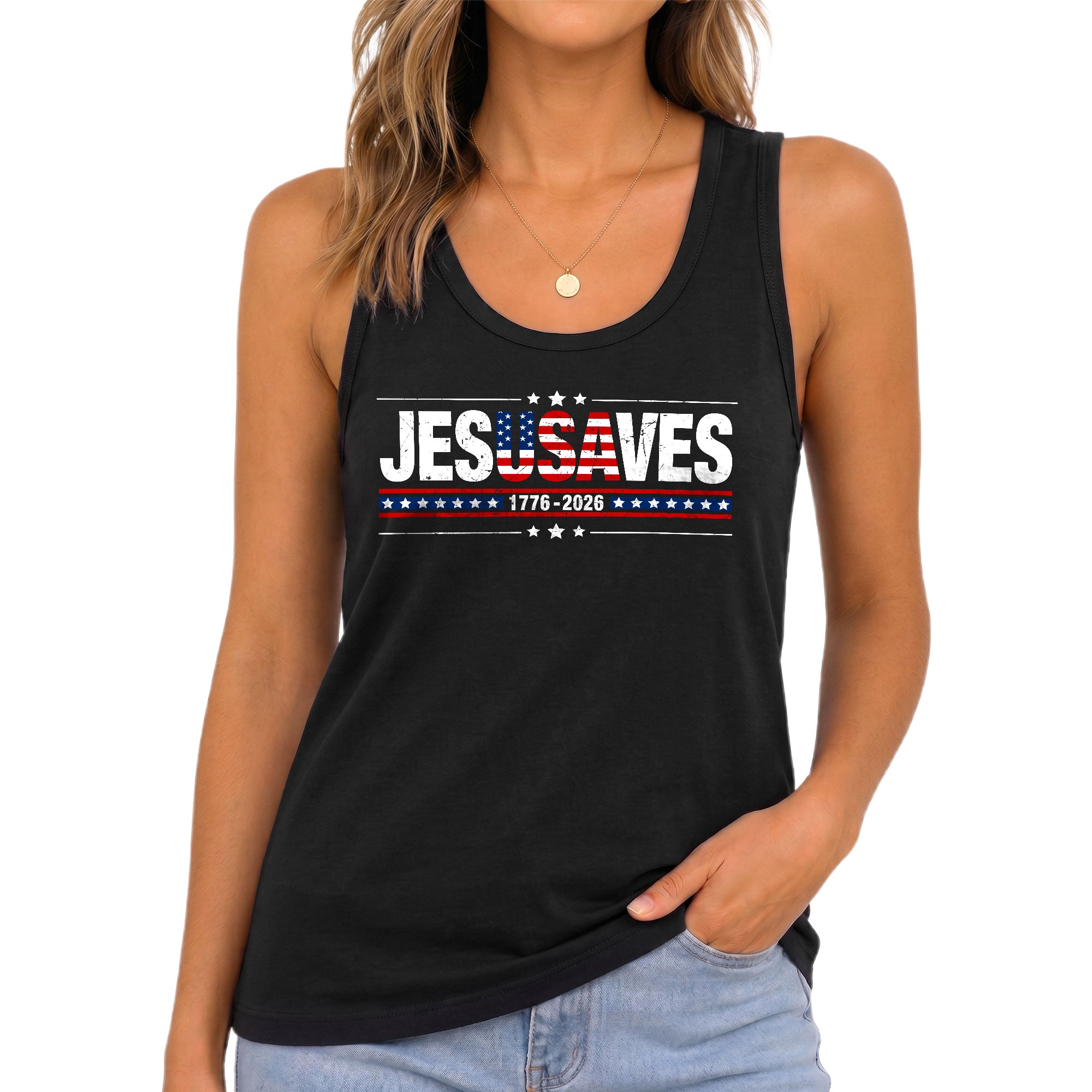 JESUSAVES Tank Top Women Christian Patriotic US Flag 1776-2026 Faith 4th of July Shirt