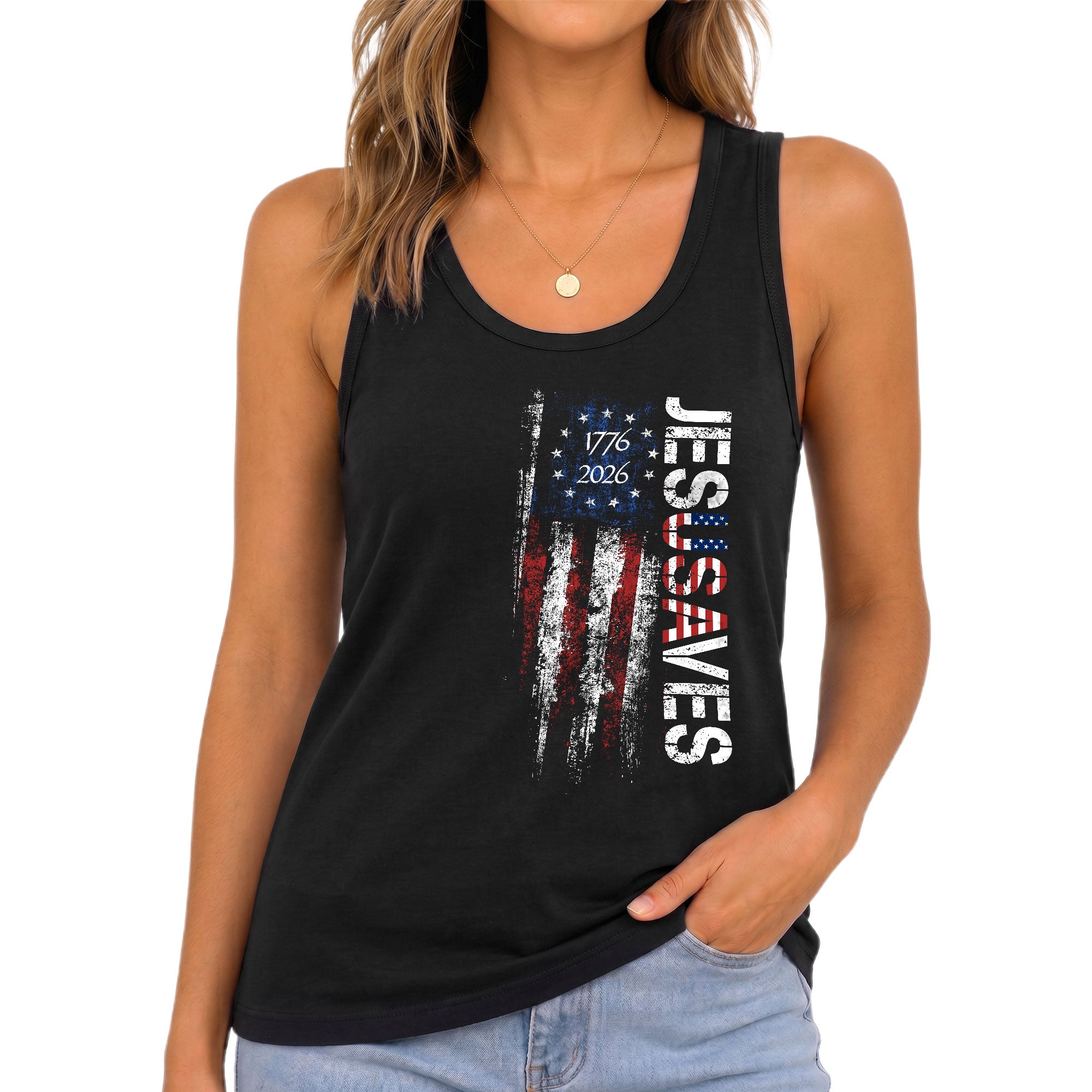 JESUSAVES Women's Tank Top Patriotic Flag 1776-2026 Christian Faith Graphic Shirt