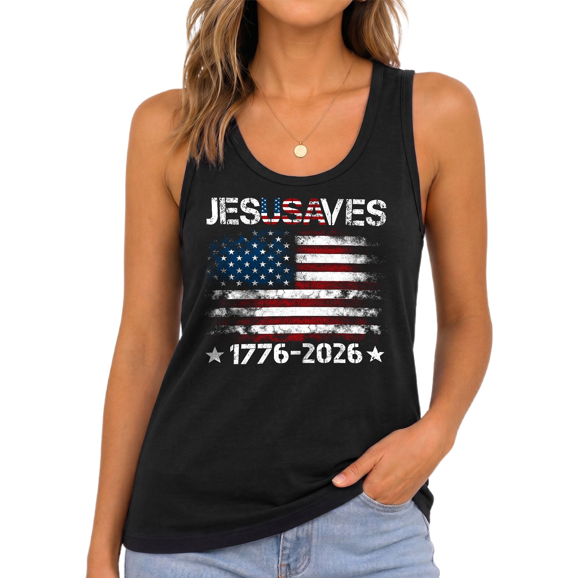 JESUSAVES Women's Tank Top Patriotic American Flag 1776-2026 Christian Faith Shirt