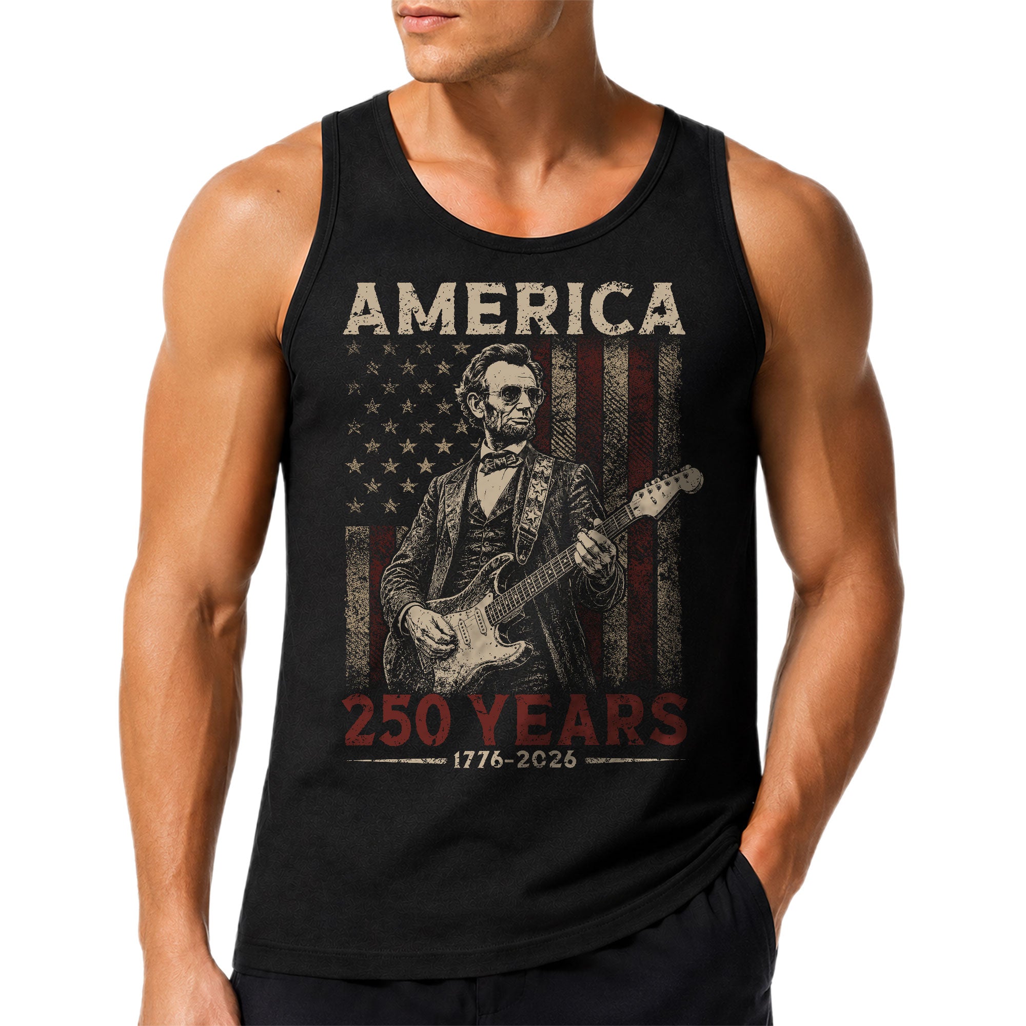 Abraham Lincoln Guitar Men Tank Top - Patriotic 1776 2026 Distressed US Flag Mens Shirt