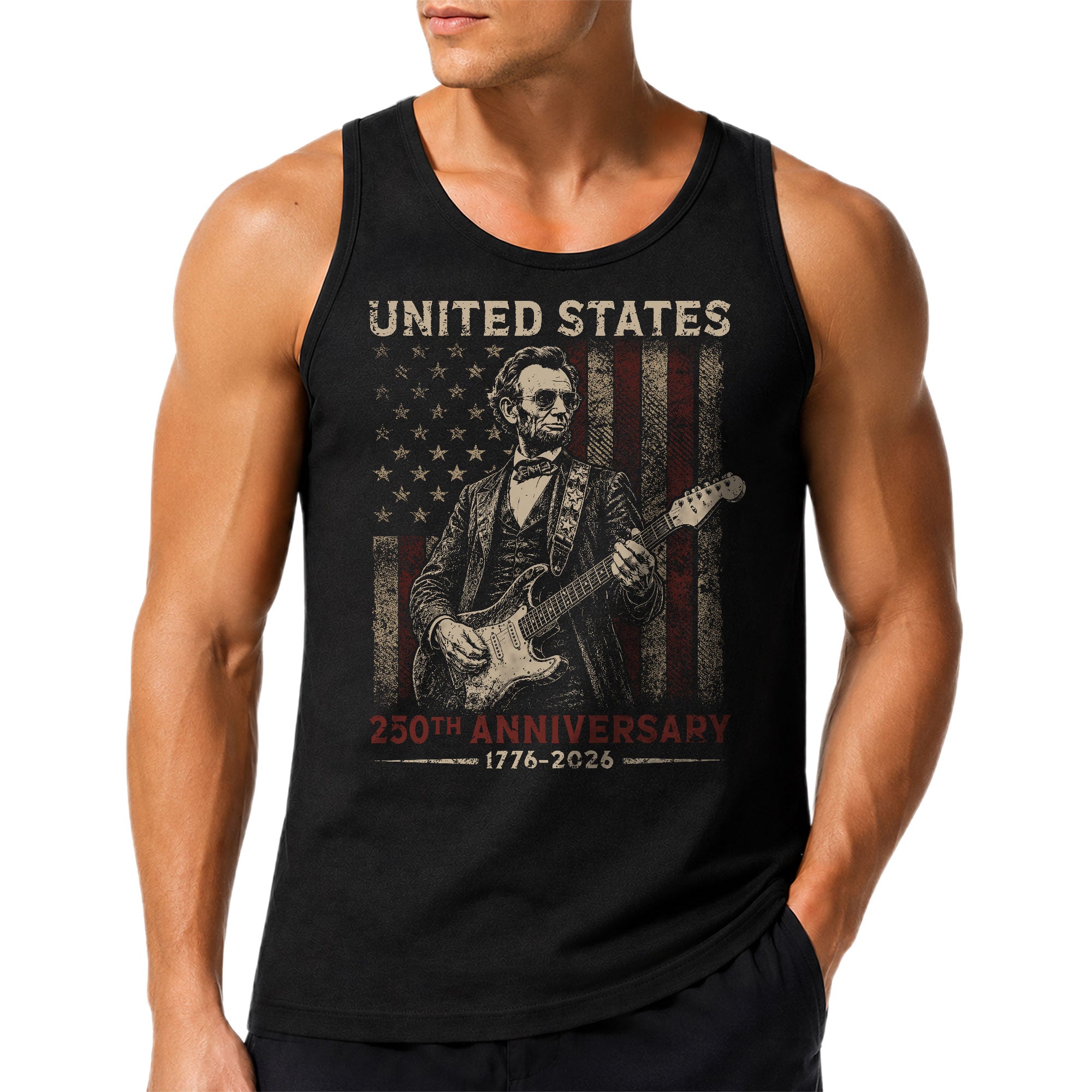 Abraham Lincoln Guitar Men Tank Top - Patriotic 1776 2026 Distressed US Flag Mens Shirt