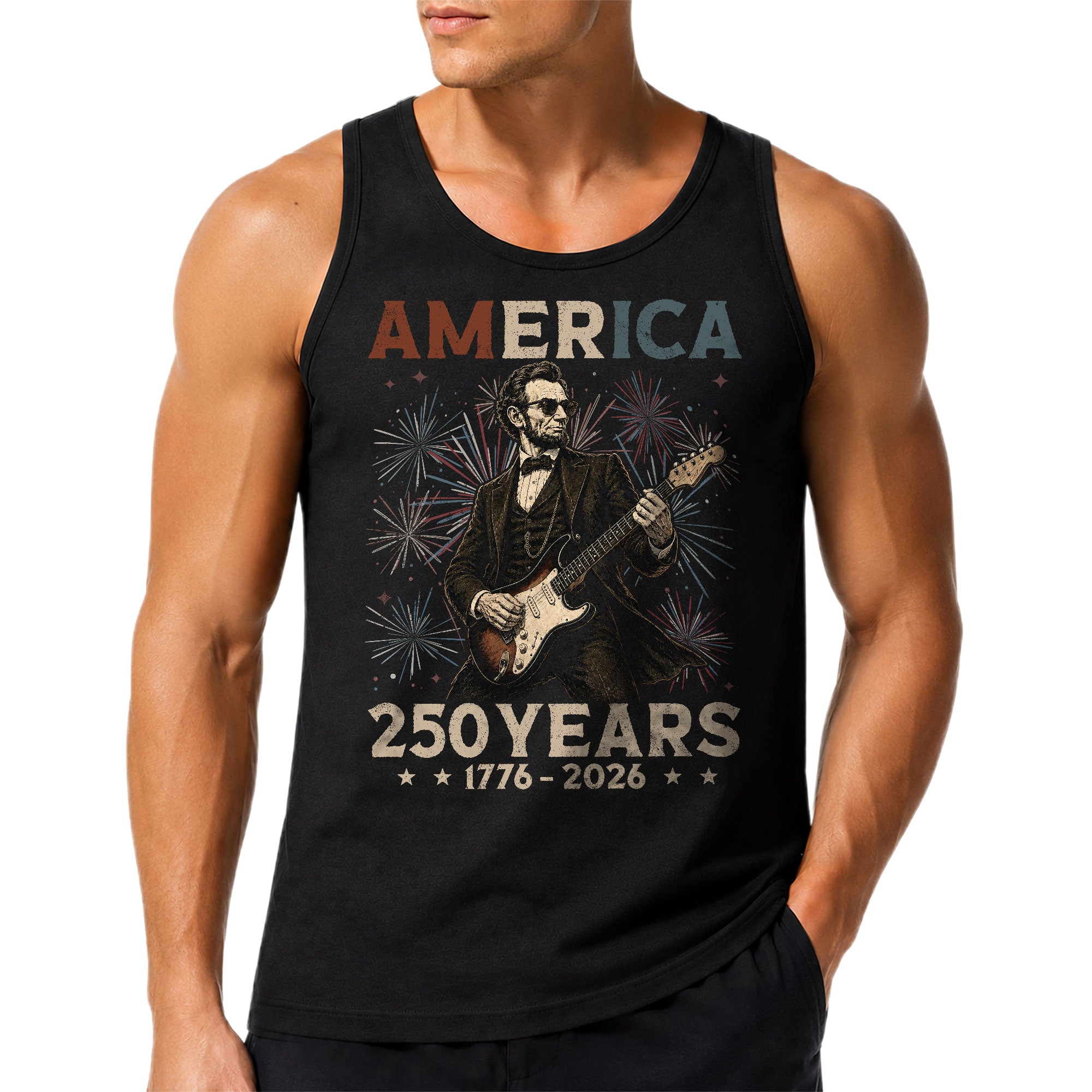 Rockstar Lincoln Fireworks Men Tank Top - Patriotic 1776 2026 Guitar Vintage Gym Shirt