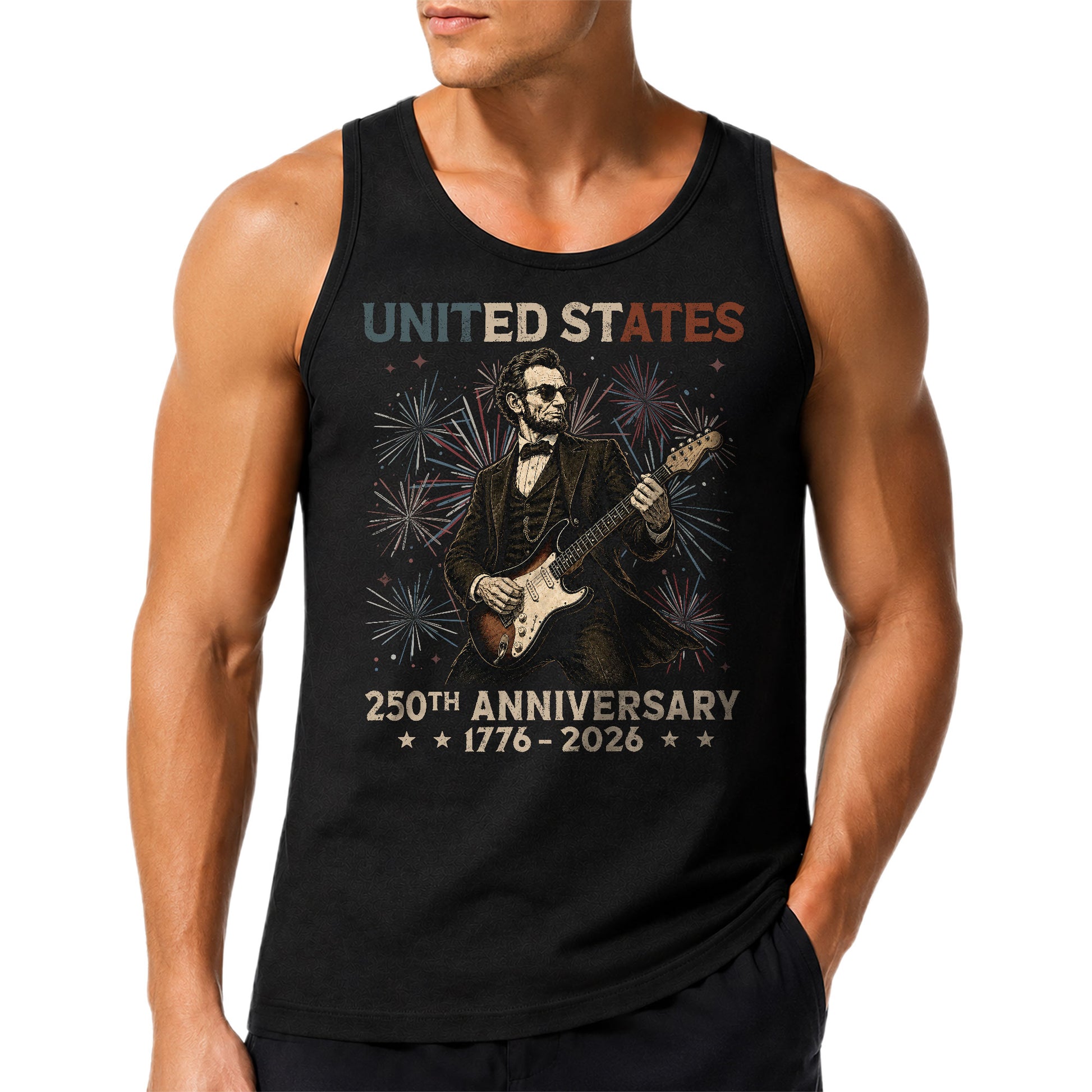 Rockstar Lincoln Fireworks Men Tank Top - Patriotic 1776 2026 Guitar Vintage Gym Shirt - Rust Field Wear