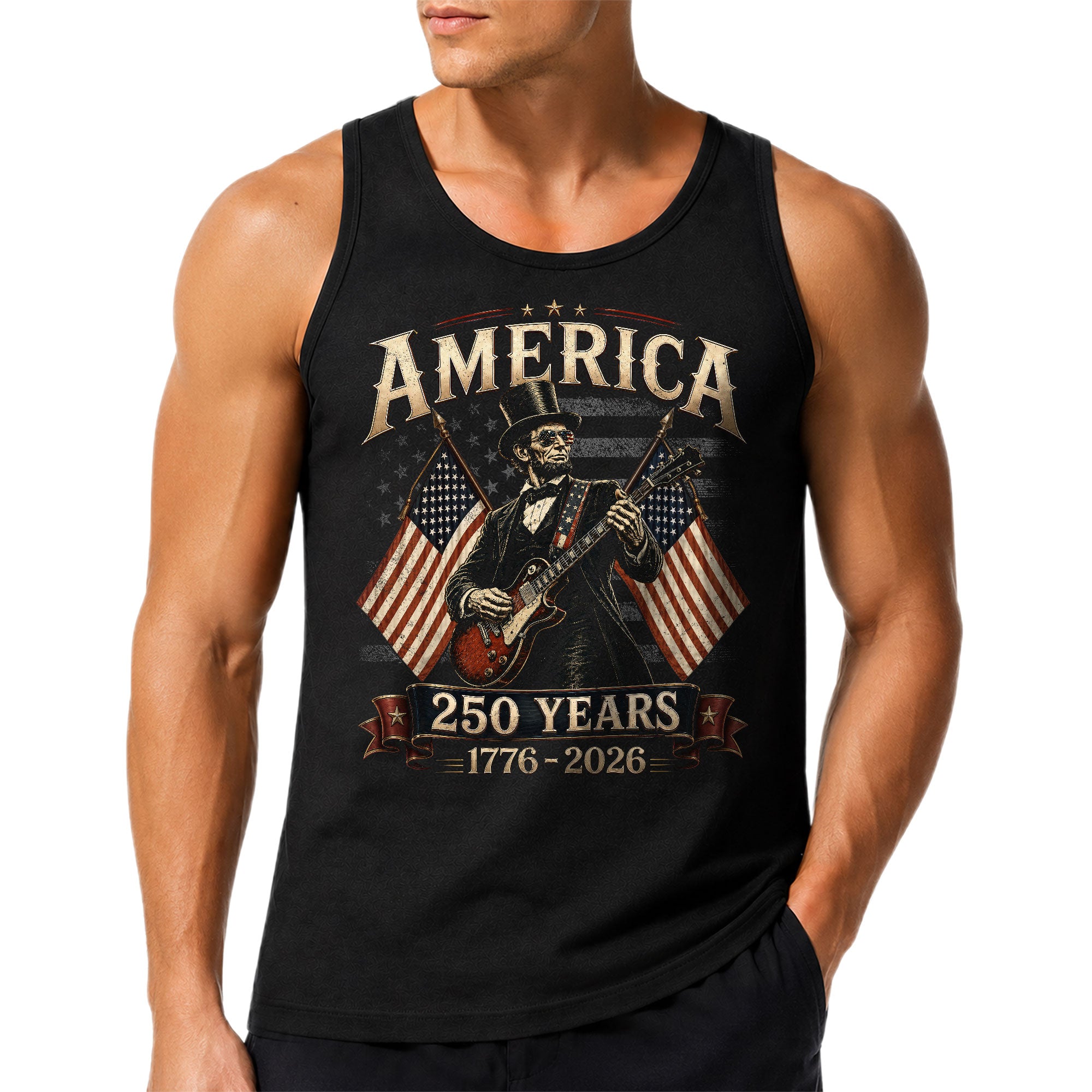 Rockstar Lincoln Guitar Men Tank Top - Retro Fireworks 1776 2026 Quarter Millennial Tee