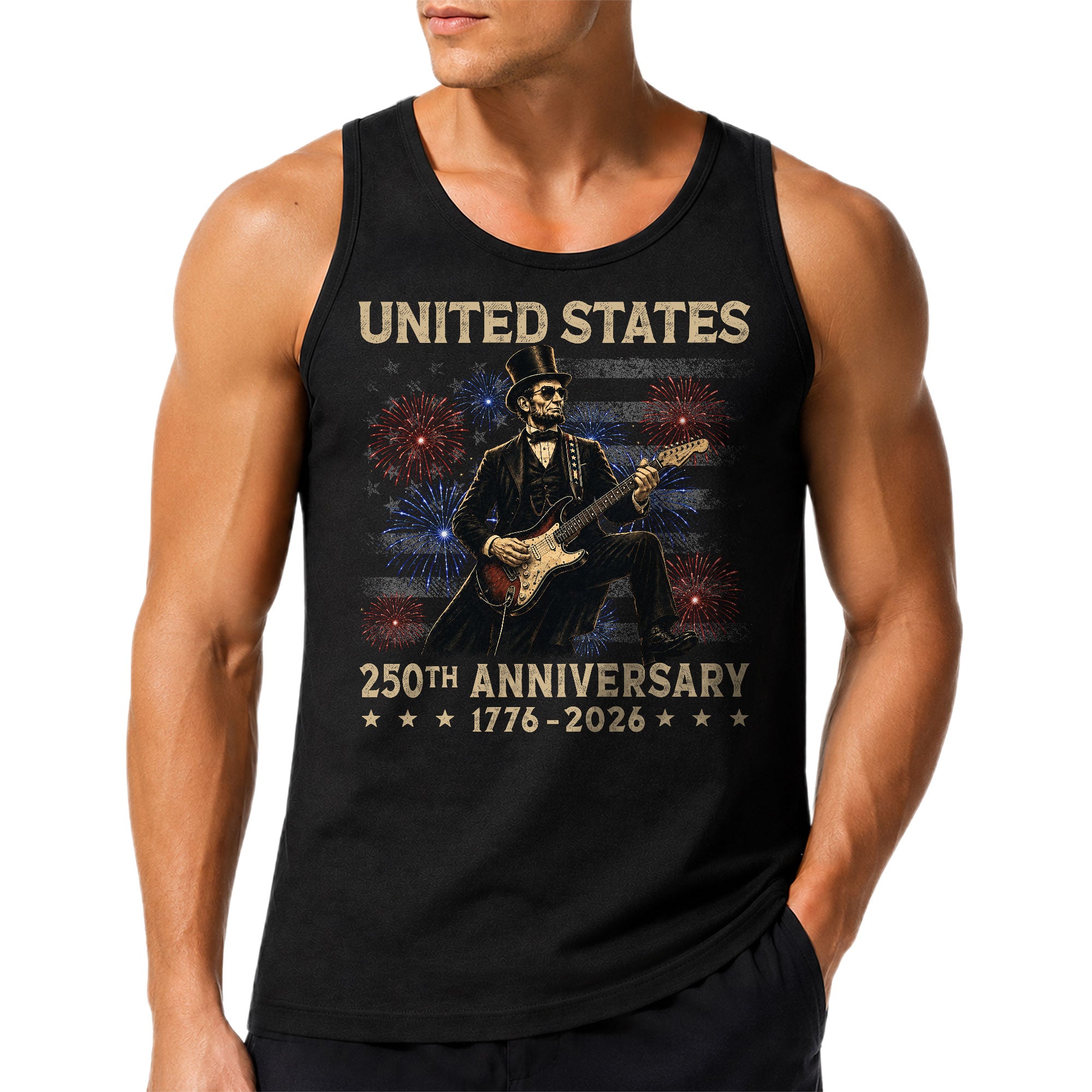 Honest Abe Guitar Men Tank Top - Patriotic Fireworks 1776 2026 Retro July 4th Mens Tee