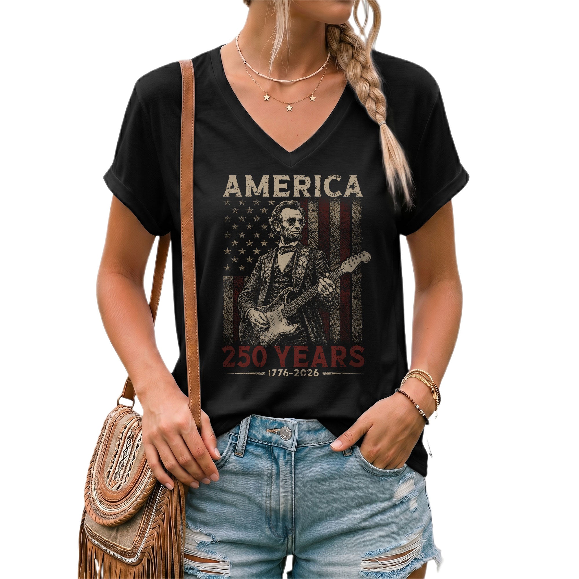 Women's Lincoln Guitarist 1776-2026 Patriotic V-Neck Tee - Graphic Summer Shirt Top