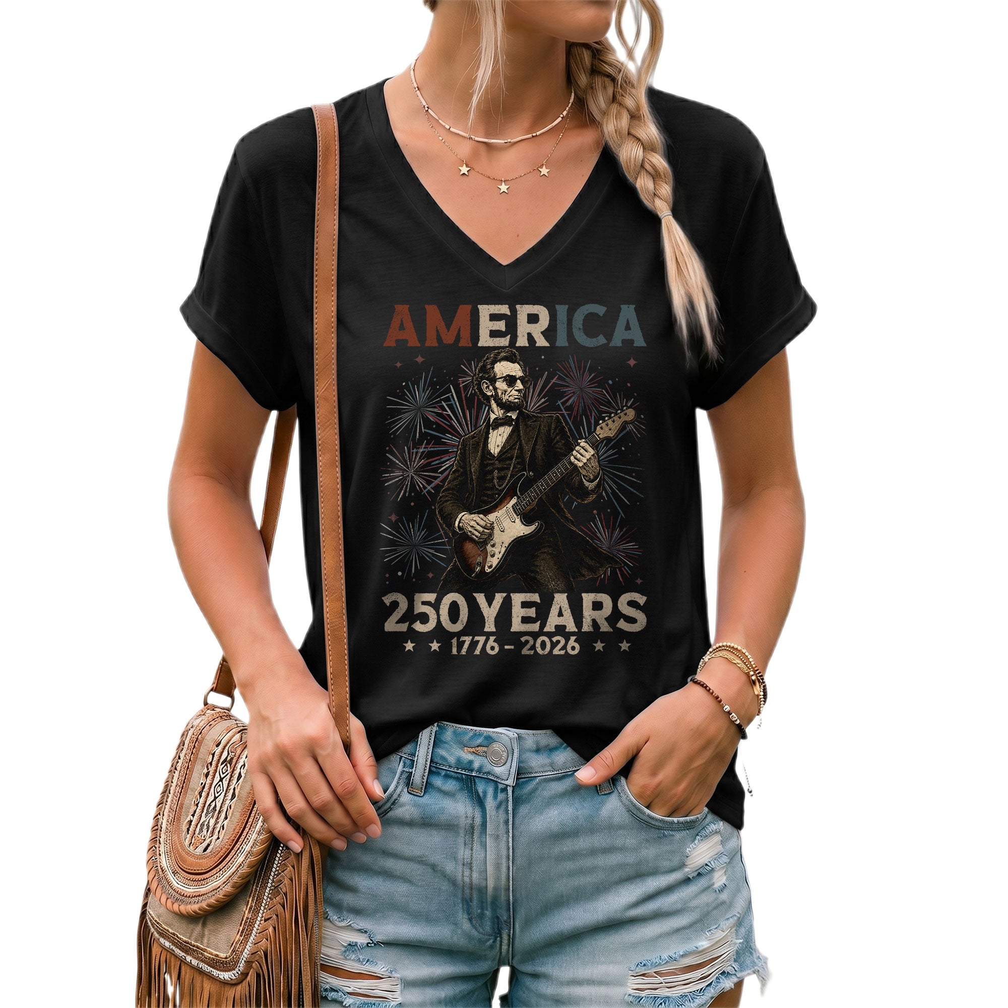 Lincoln Rocker 1776-2026 Patriotic V-Neck Tee - Women's Graphic Summer Shirt Top