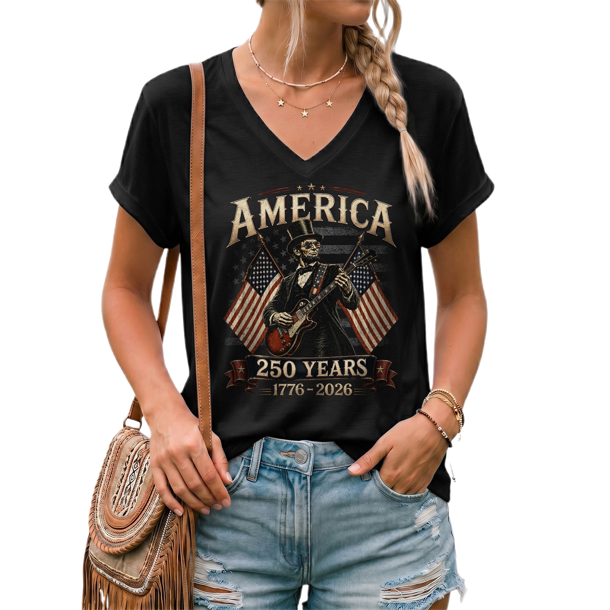 Patriotic 1776-2026 Lincoln Top Hat V-Neck Shirt - Women's Graphic Summer Tee Top