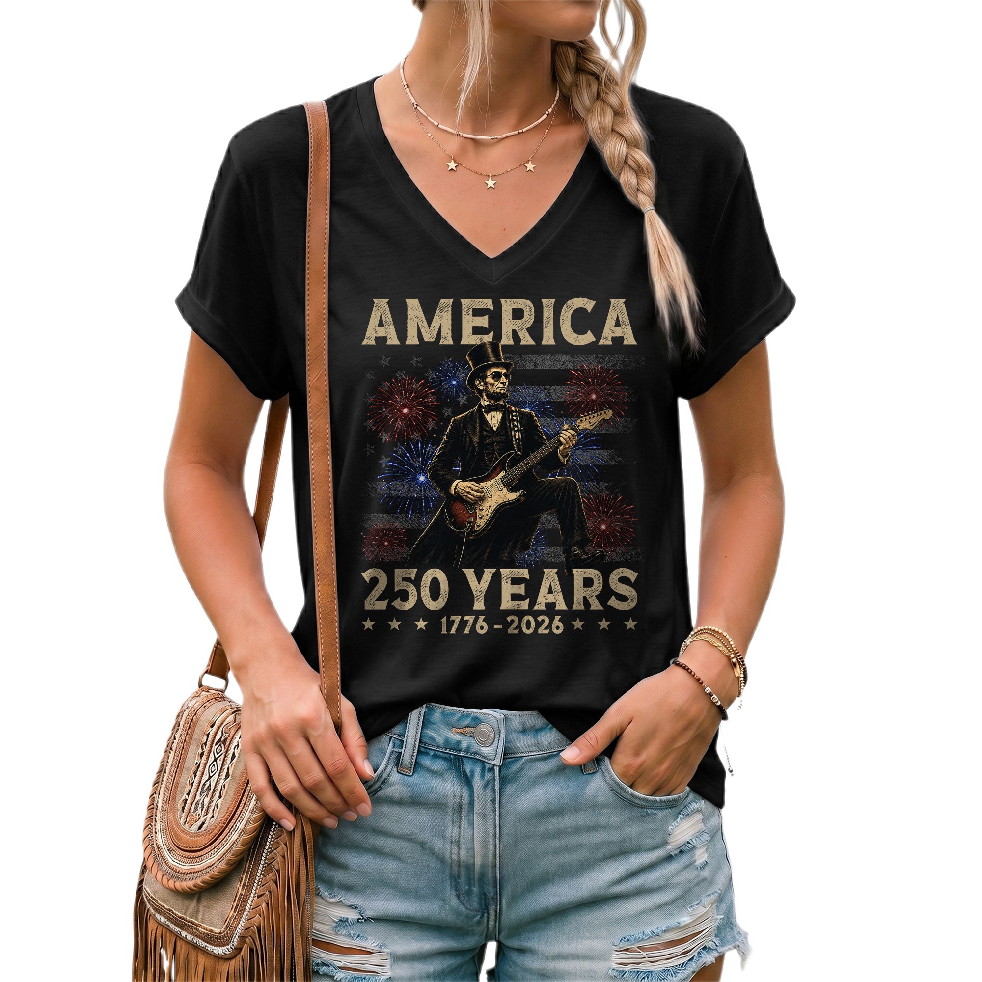 Graphic Lincoln 1776-2026 Patriotic V-Neck Tee - Women's Summer Casual Apparel