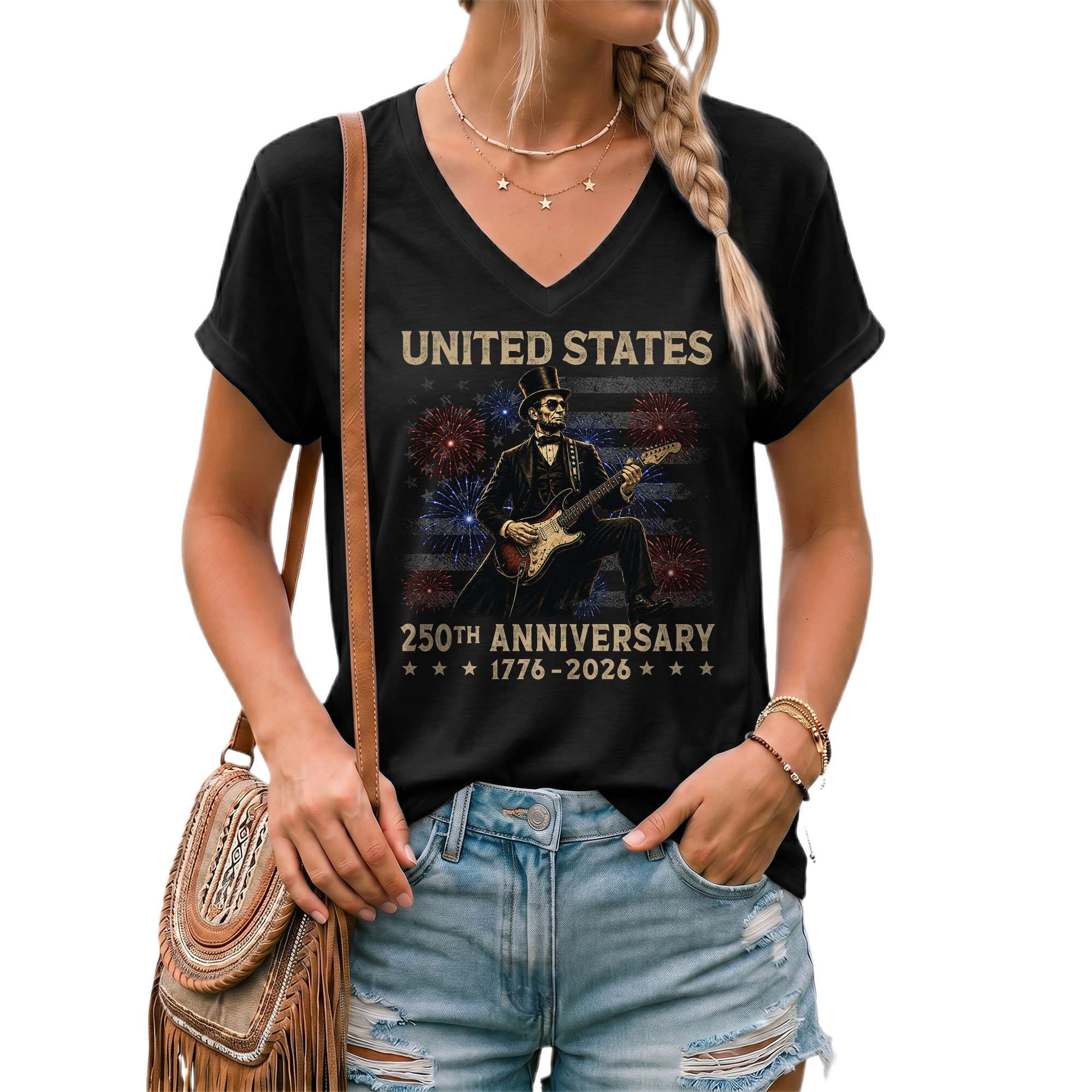 Graphic Lincoln 1776-2026 Patriotic V-Neck Tee - Women's Summer Casual Apparel