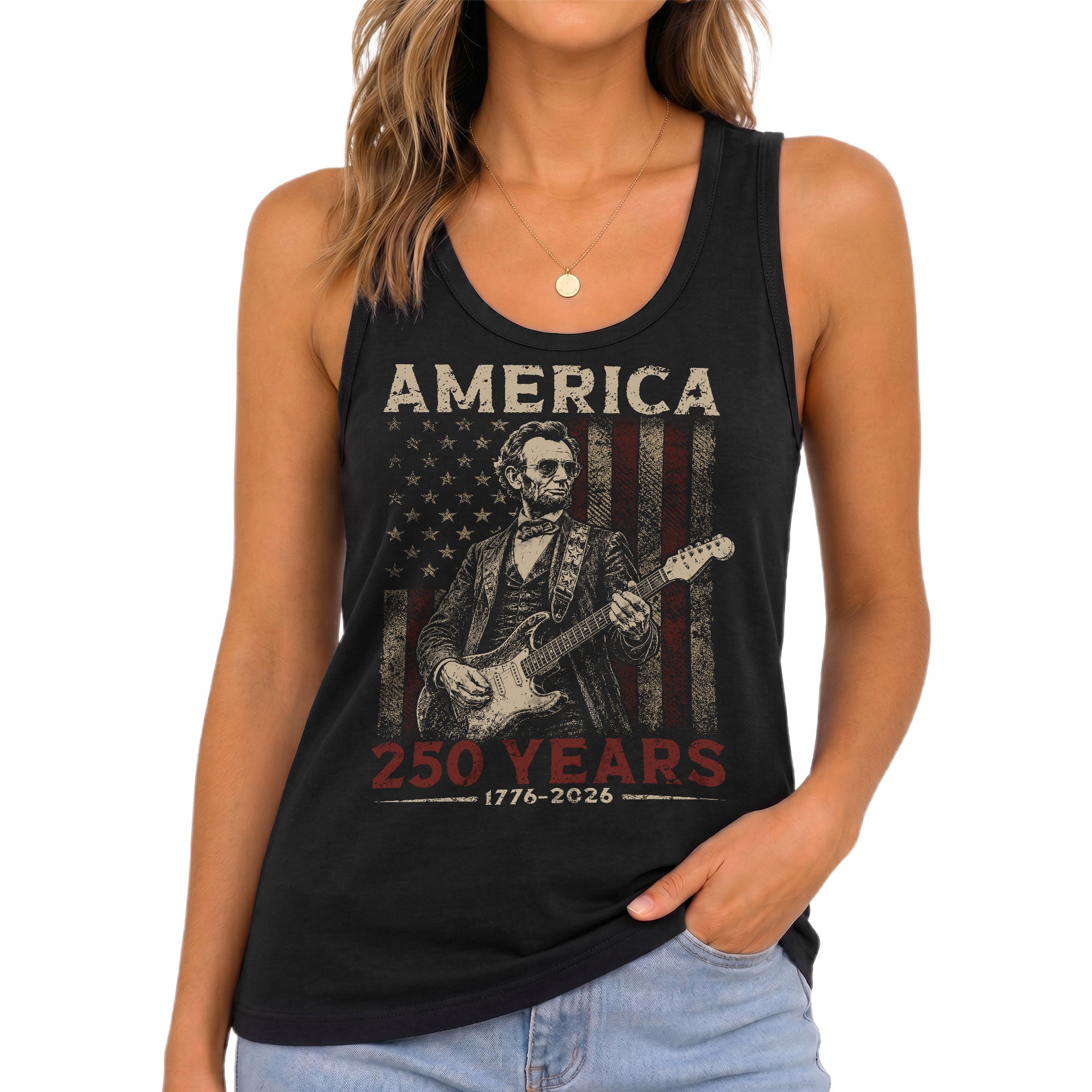 Lincoln 1776-2026 Guitarist Tank Top - Women's Patriotic Summer Sleeveless Tee