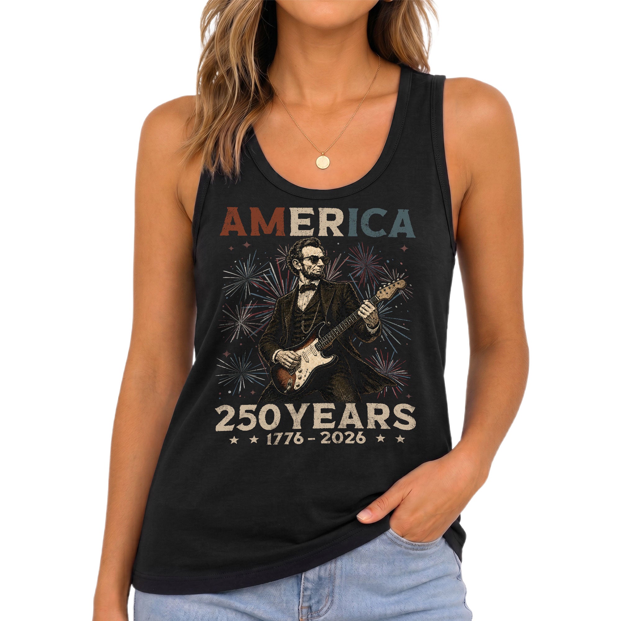 Women's Patriotic 1776-2026 Lincoln Tank - Graphic Fireworks Sleeveless Summer Top