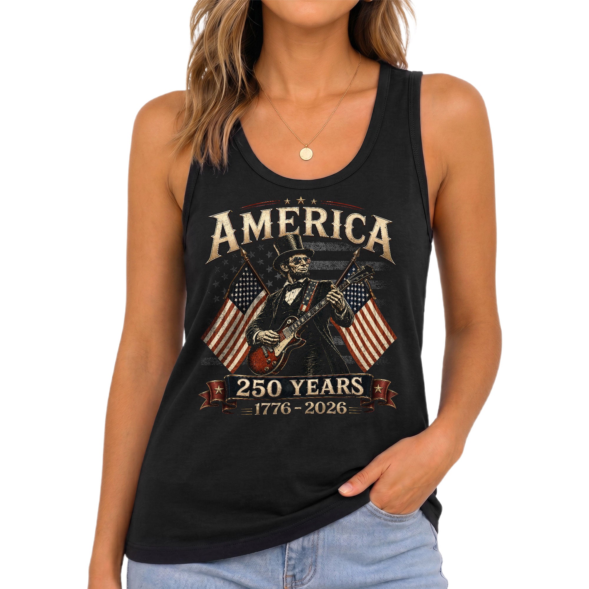 1776-2026 Lincoln Top Hat Tank Top - Patriotic Women's Graphic Sleeveless Summer Tee