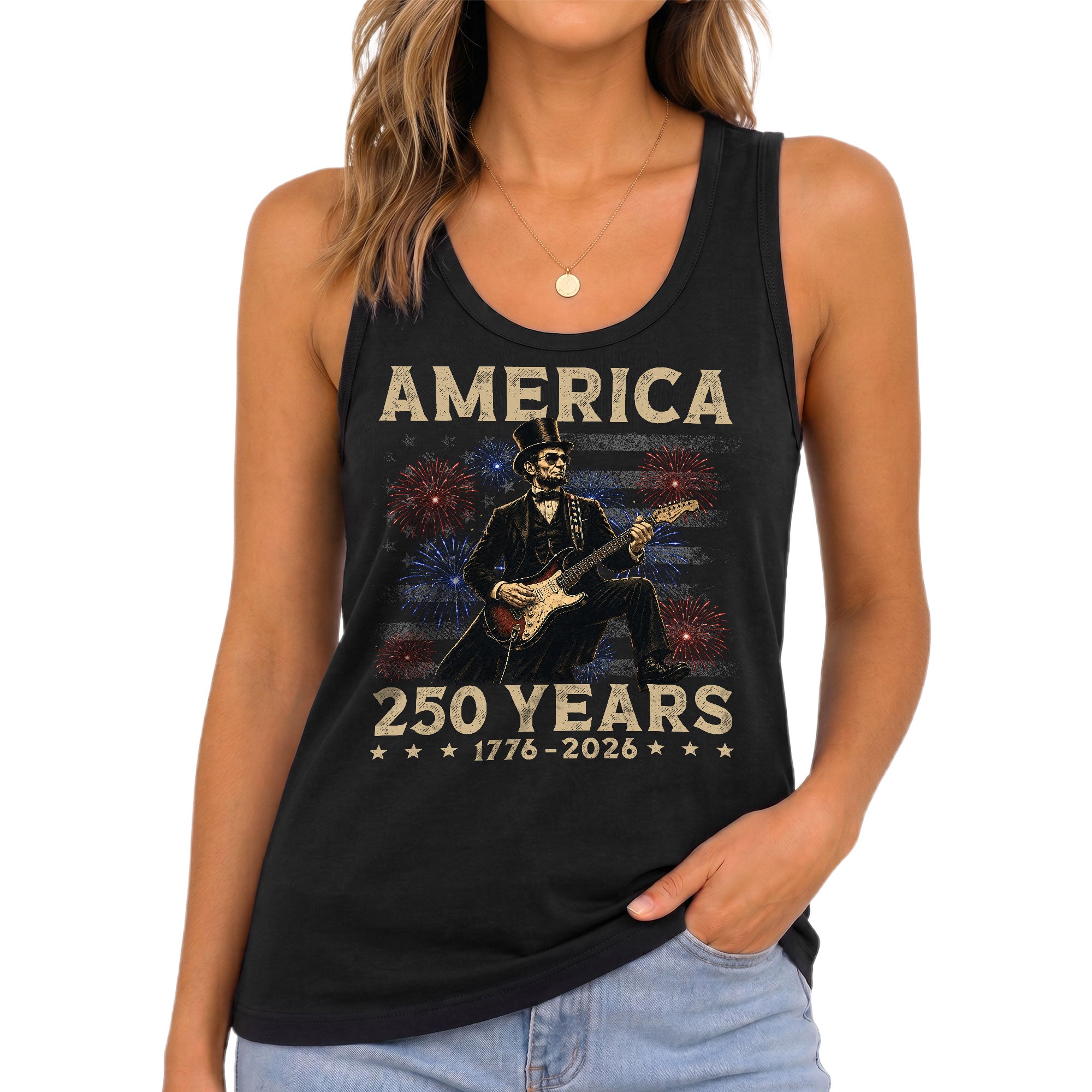 Patriotic 1776-2026 Lincoln Tank - Women's Graphic Fireworks Sleeveless Summer Top