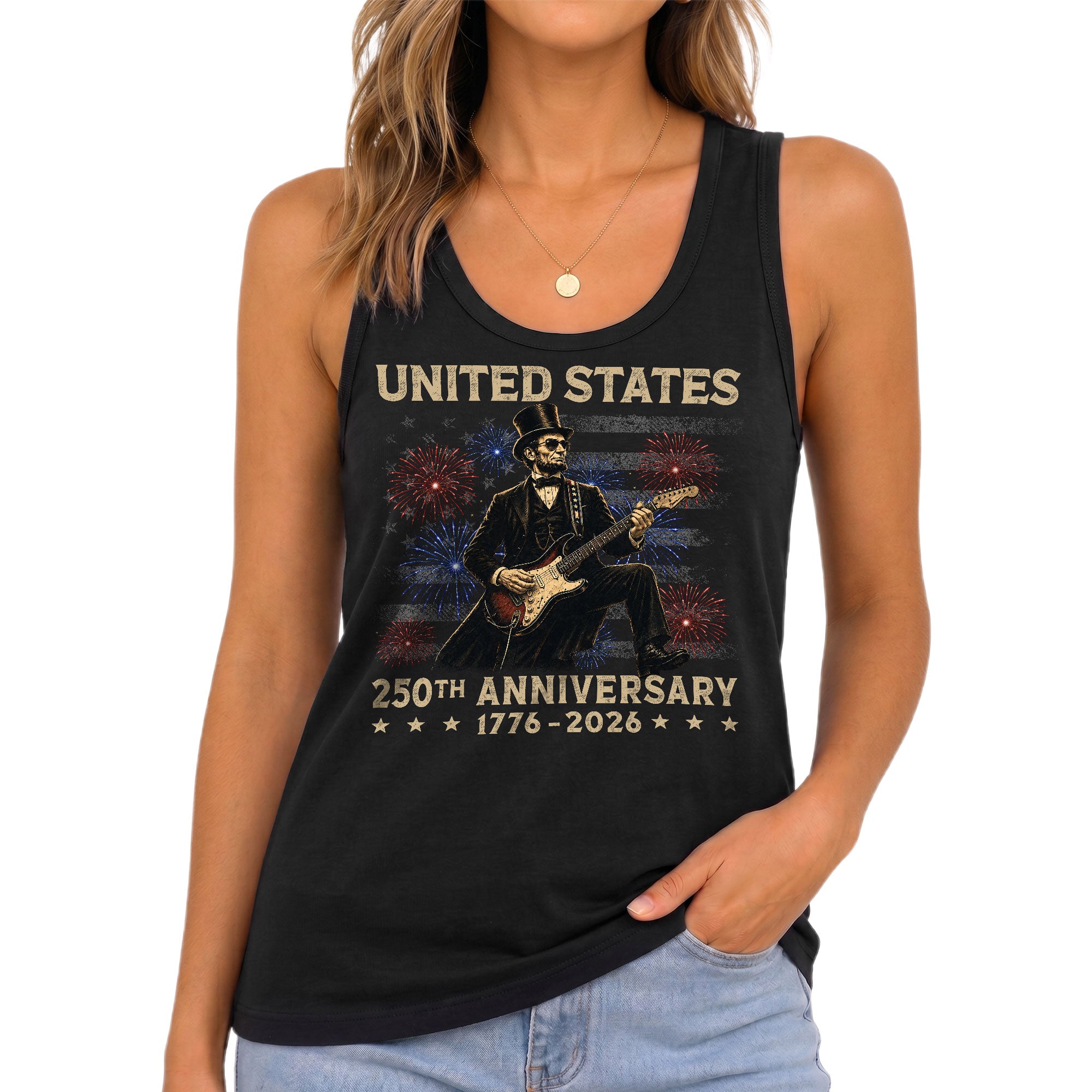 Patriotic 1776-2026 Lincoln Tank - Women's Graphic Fireworks Sleeveless Summer Top